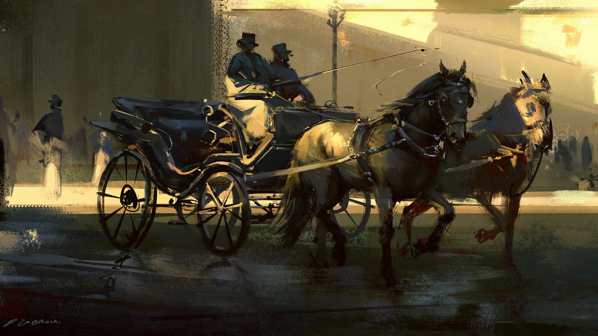 Horse-drawn carriage with two figures and horses HD Wallpaper