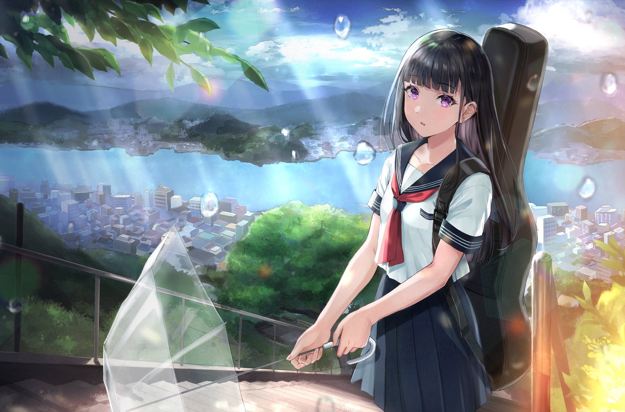 Girl with guitar case and umbrella in a city HD Wallpaper