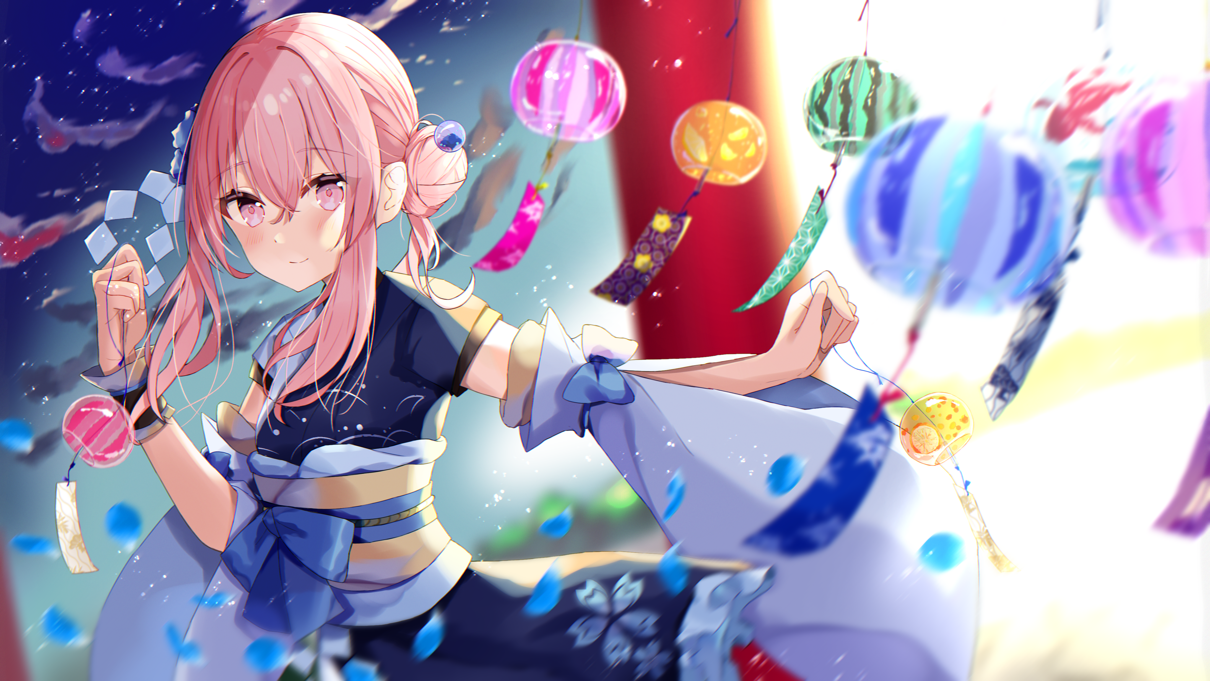 Girl in Kimono with Pink Hair and Pink Eyes HD Wallpaper