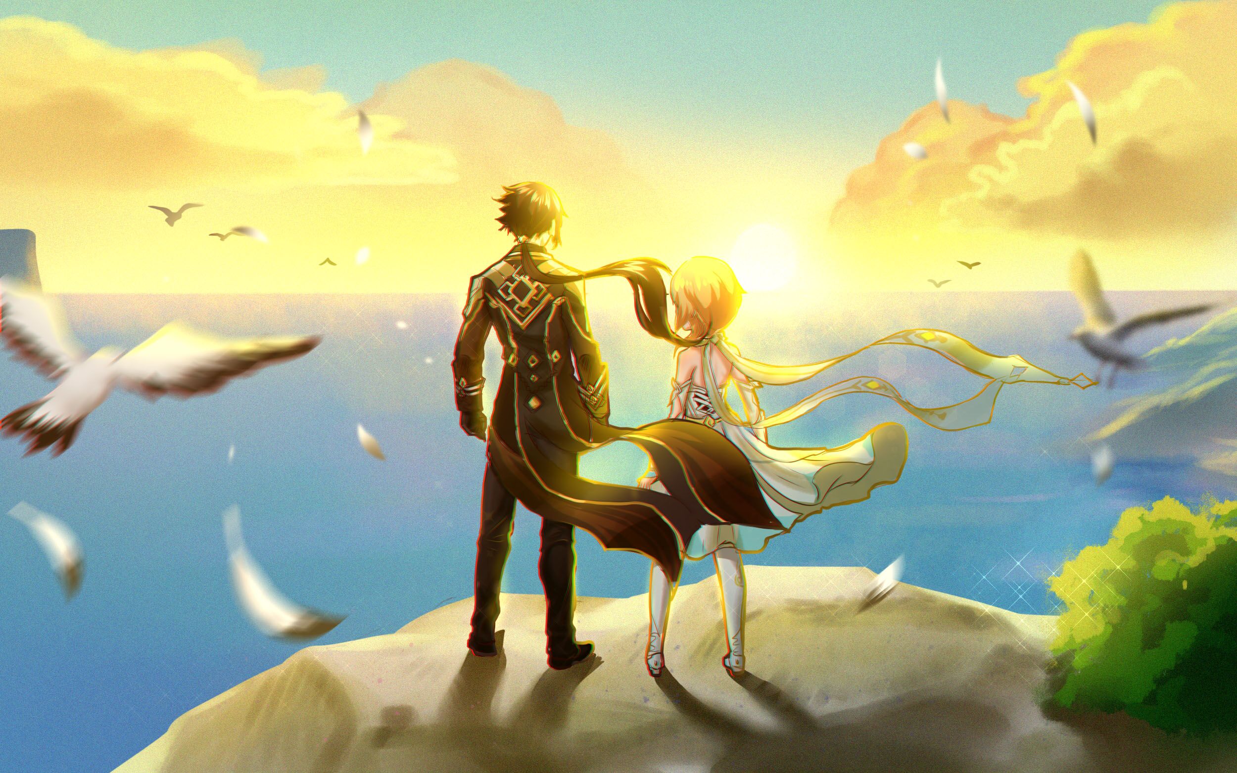 Lumine and Zhongli from Genshin Impact by the sea at sunset HD Wallpaper