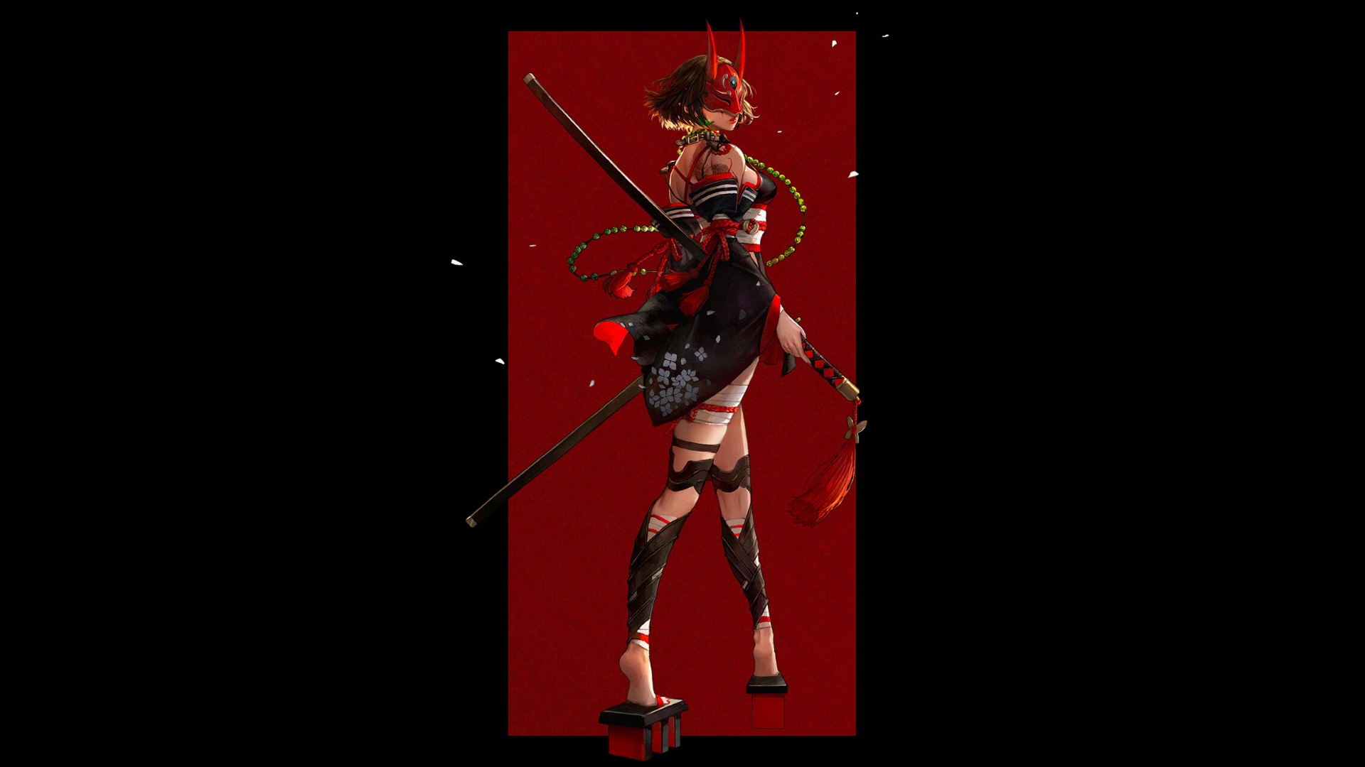 Fantasy Woman Warrior with Mask and Swords HD Wallpaper