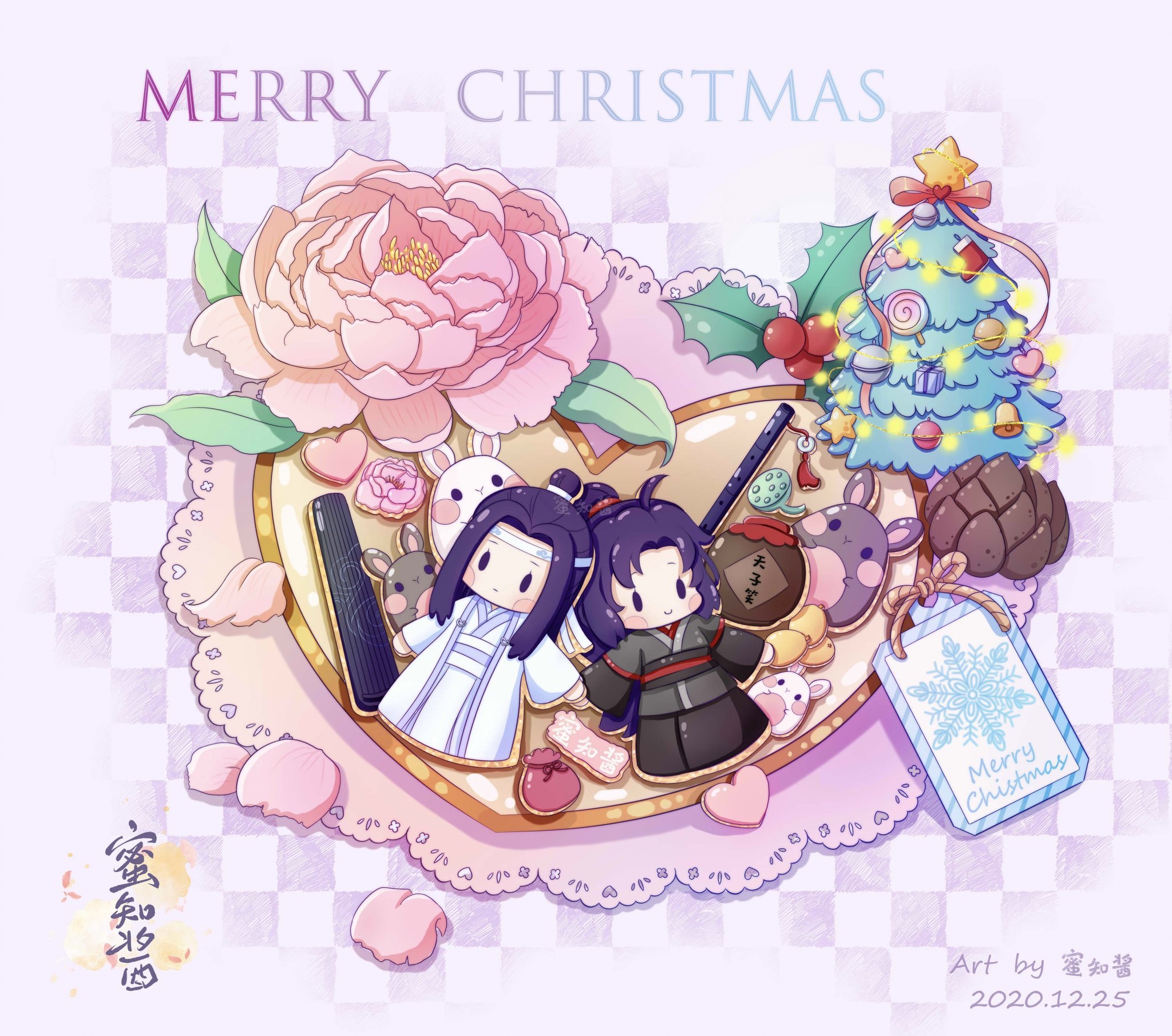Chibi Wei Ying and Lan Wangji from Mo Dao Zu Shi with Christmas decorations HD Wallpaper