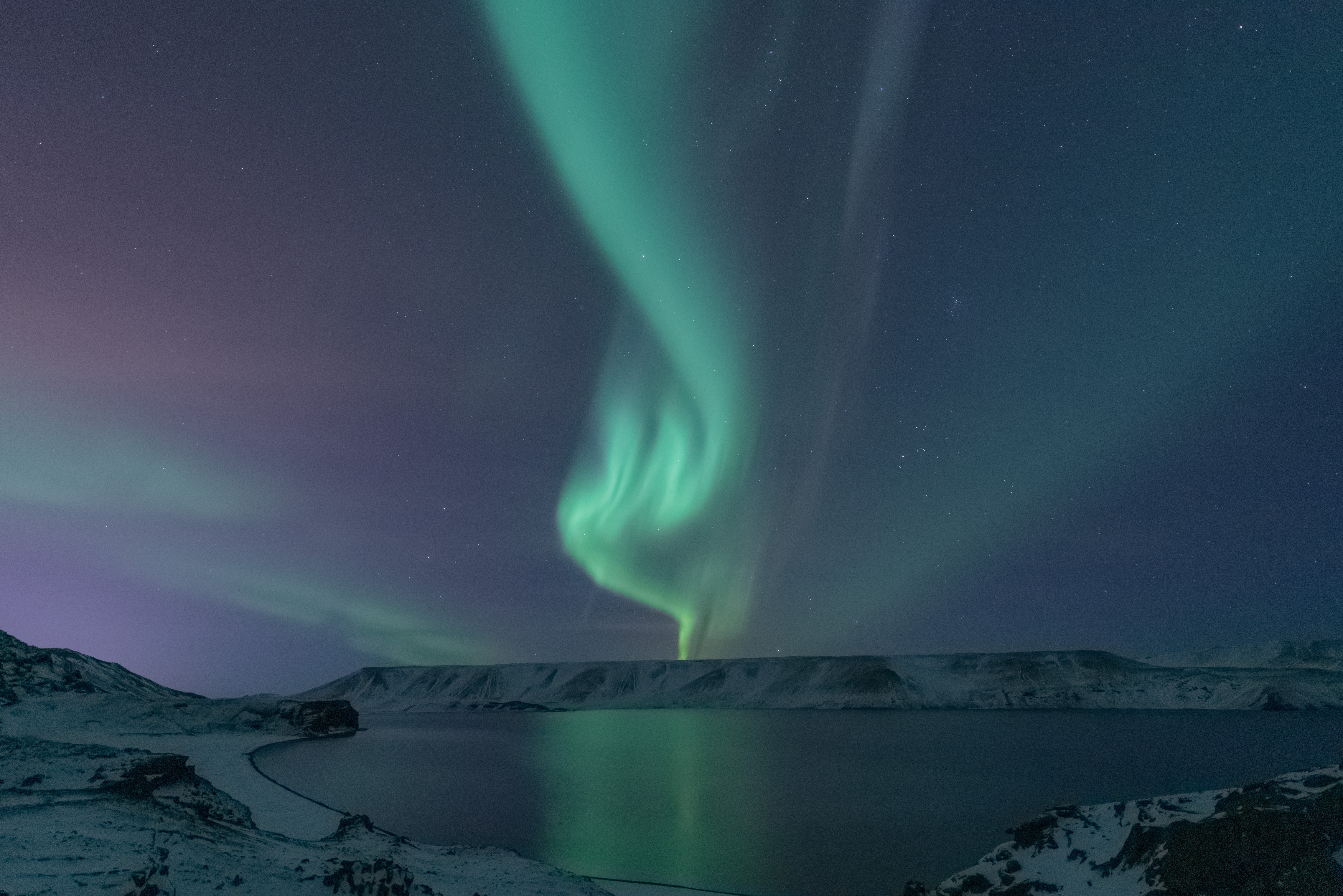 Aurora Borealis over a Snowy Landscape and Lake HD Wallpaper