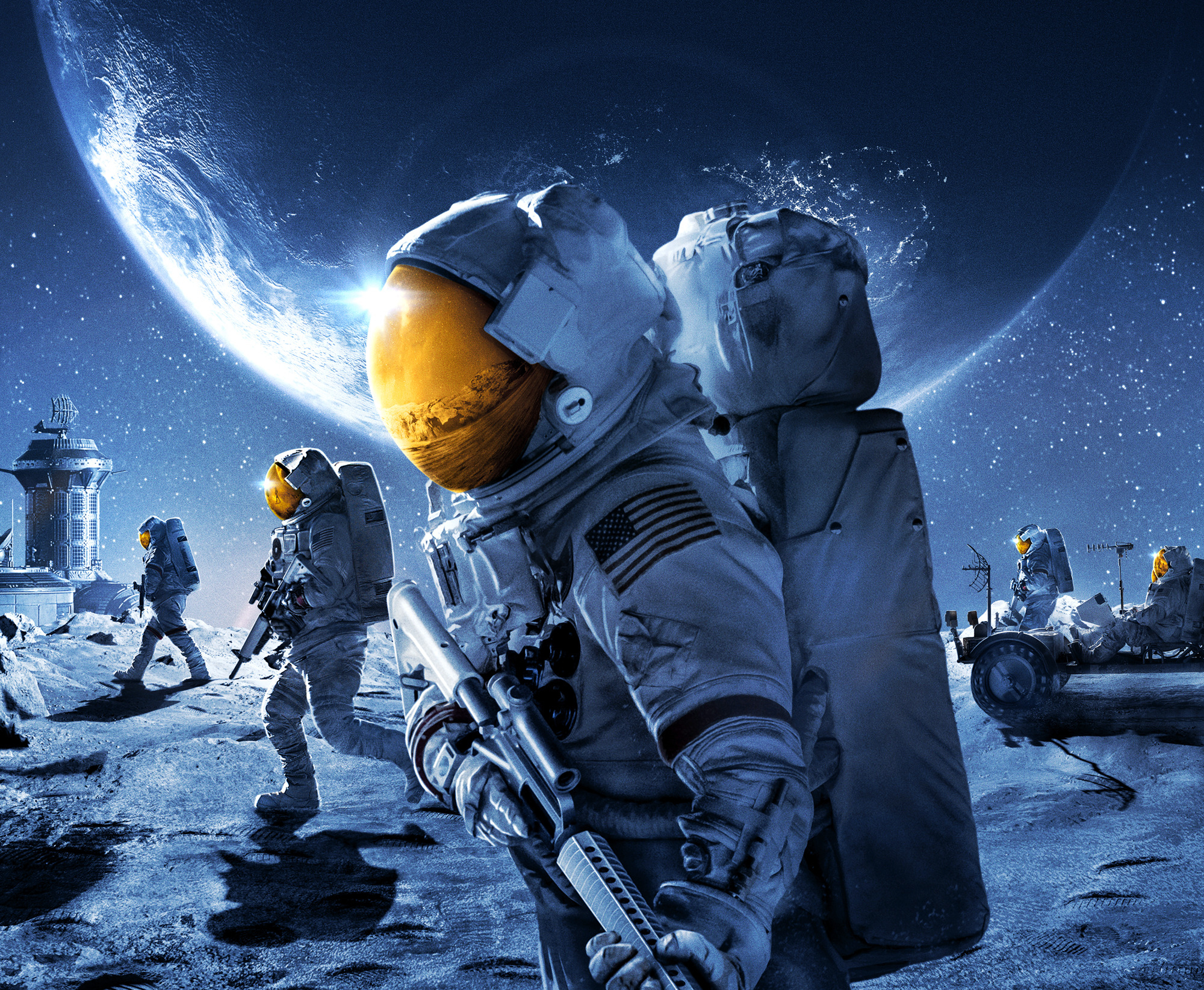 Astronauts on the Moon with Earth in the Background HD Wallpaper