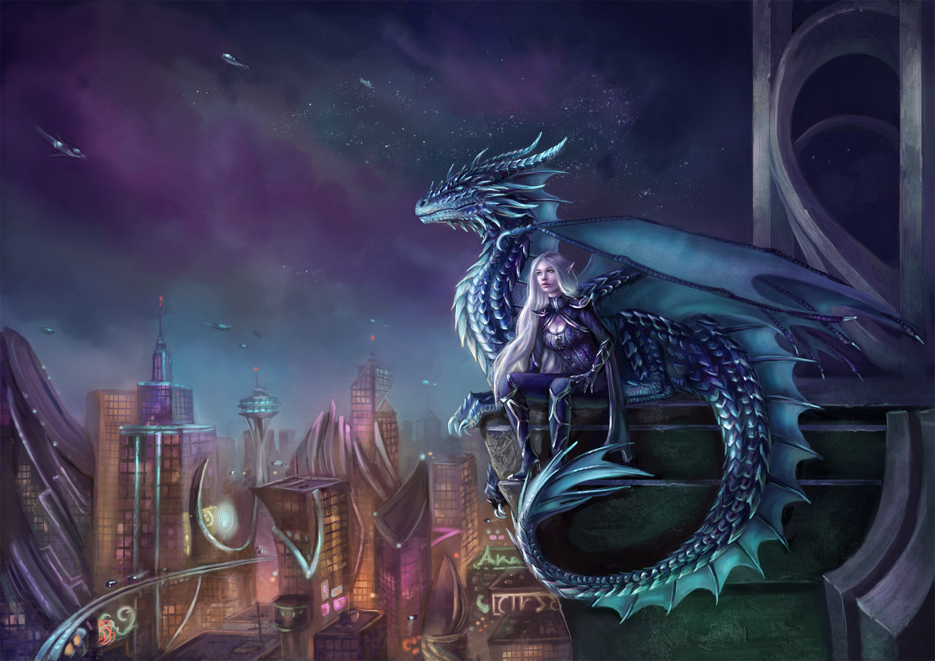 Fantasy Dragon and Elf in Futuristic City HD Wallpaper