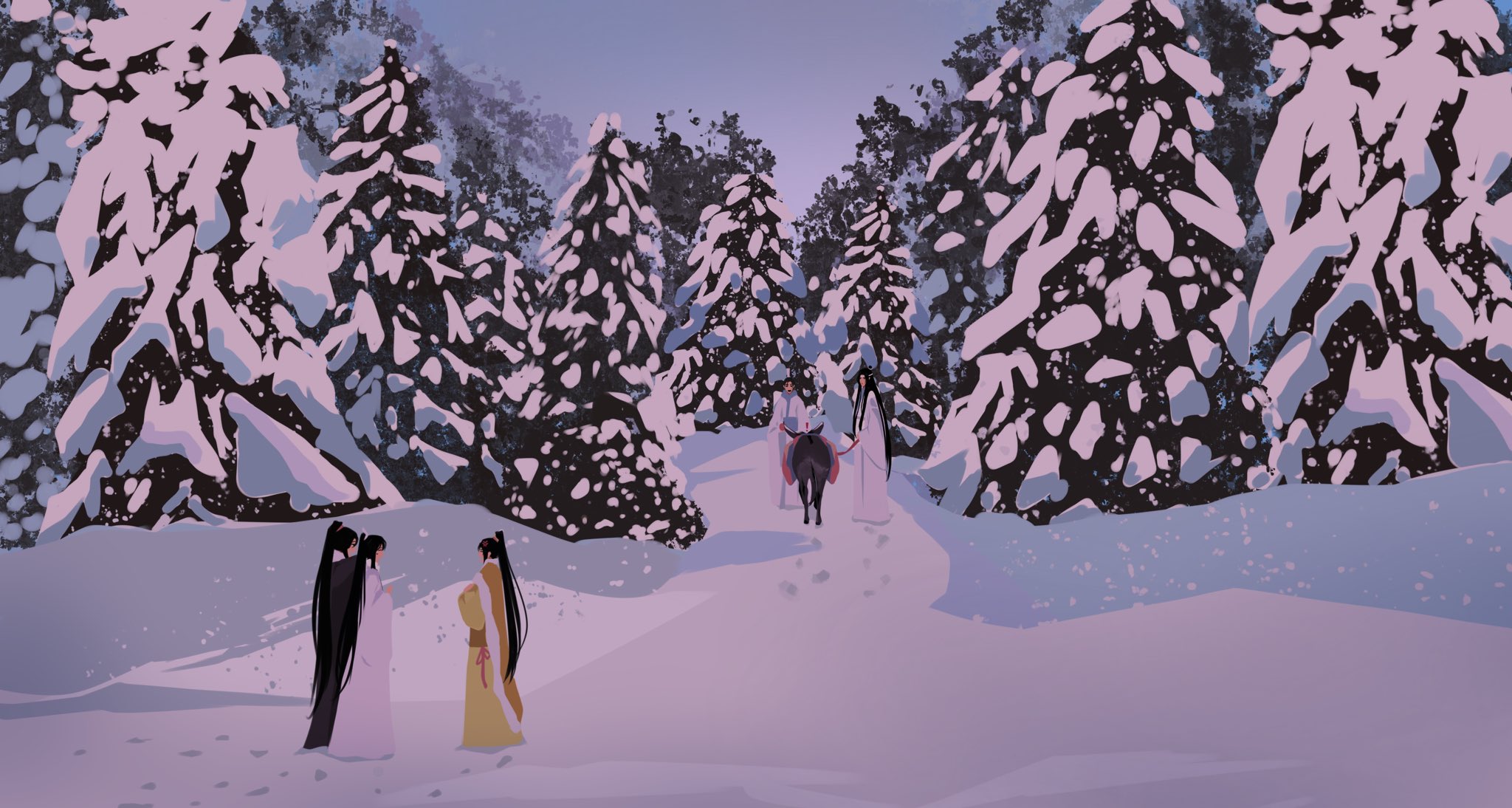 Lan Zhan and Wei Wuxian in a snowy forest HD Wallpaper