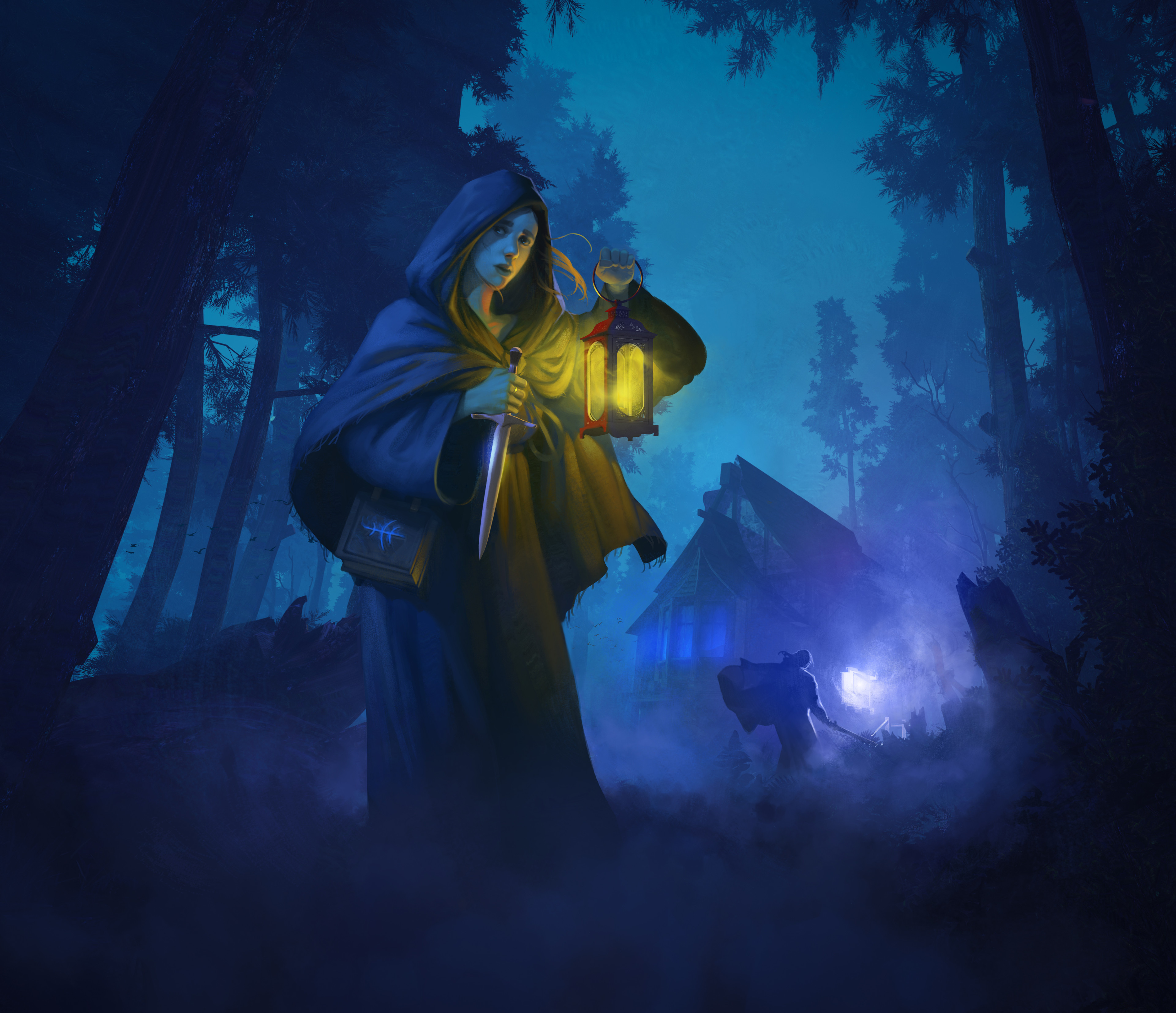 Woman with lantern and dagger in a dark forest HD Wallpaper