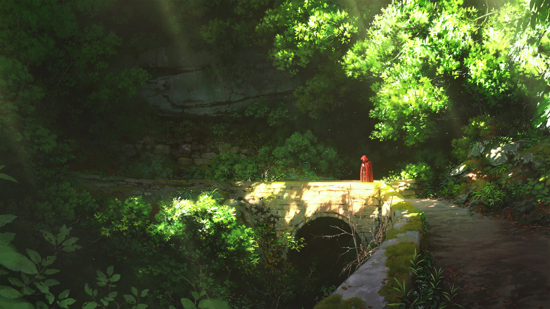 Person in red cloak on a stone bridge in a forest HD Wallpaper