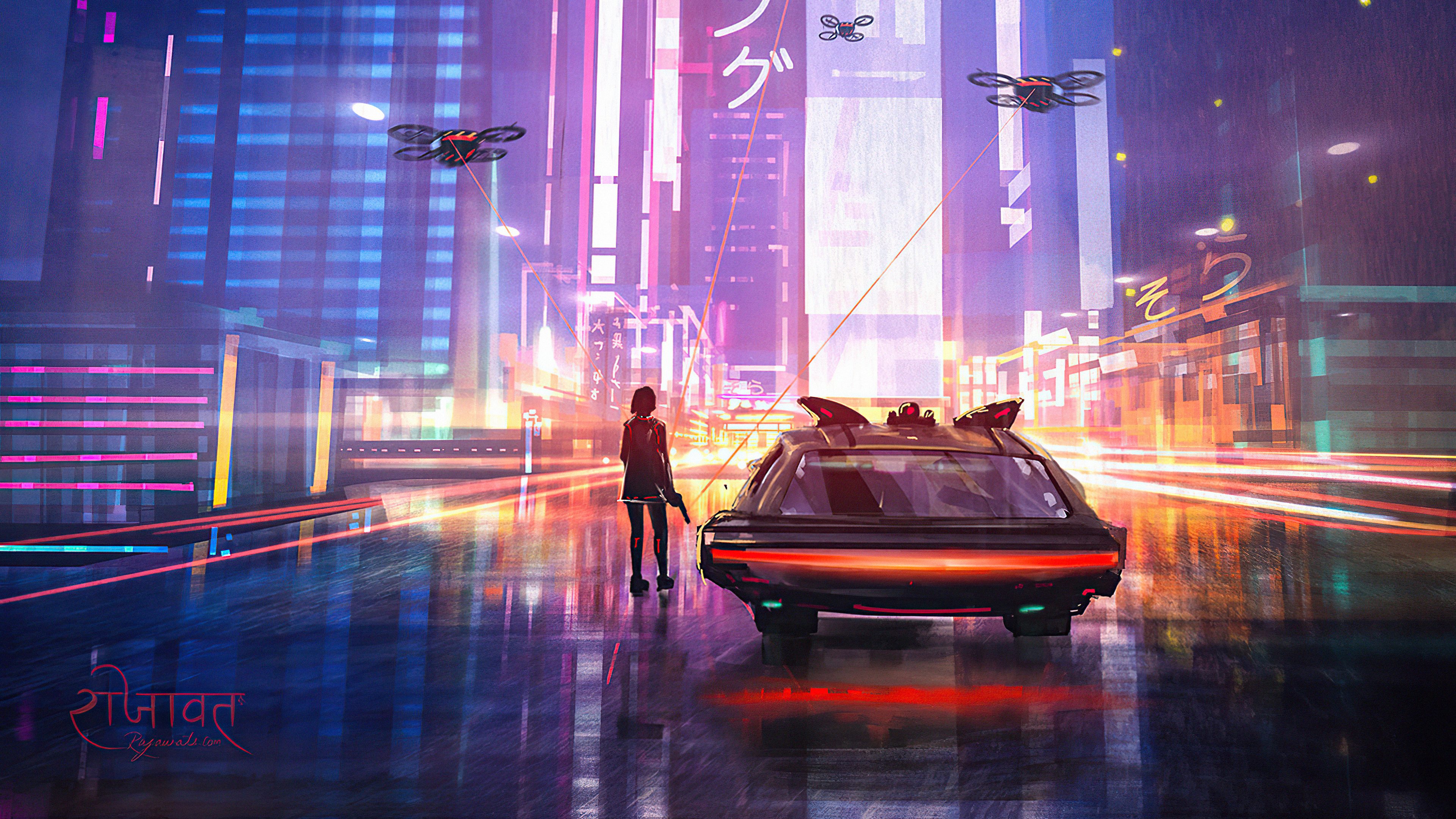 Futuristic Cityscape with Drones and Car HD Wallpaper