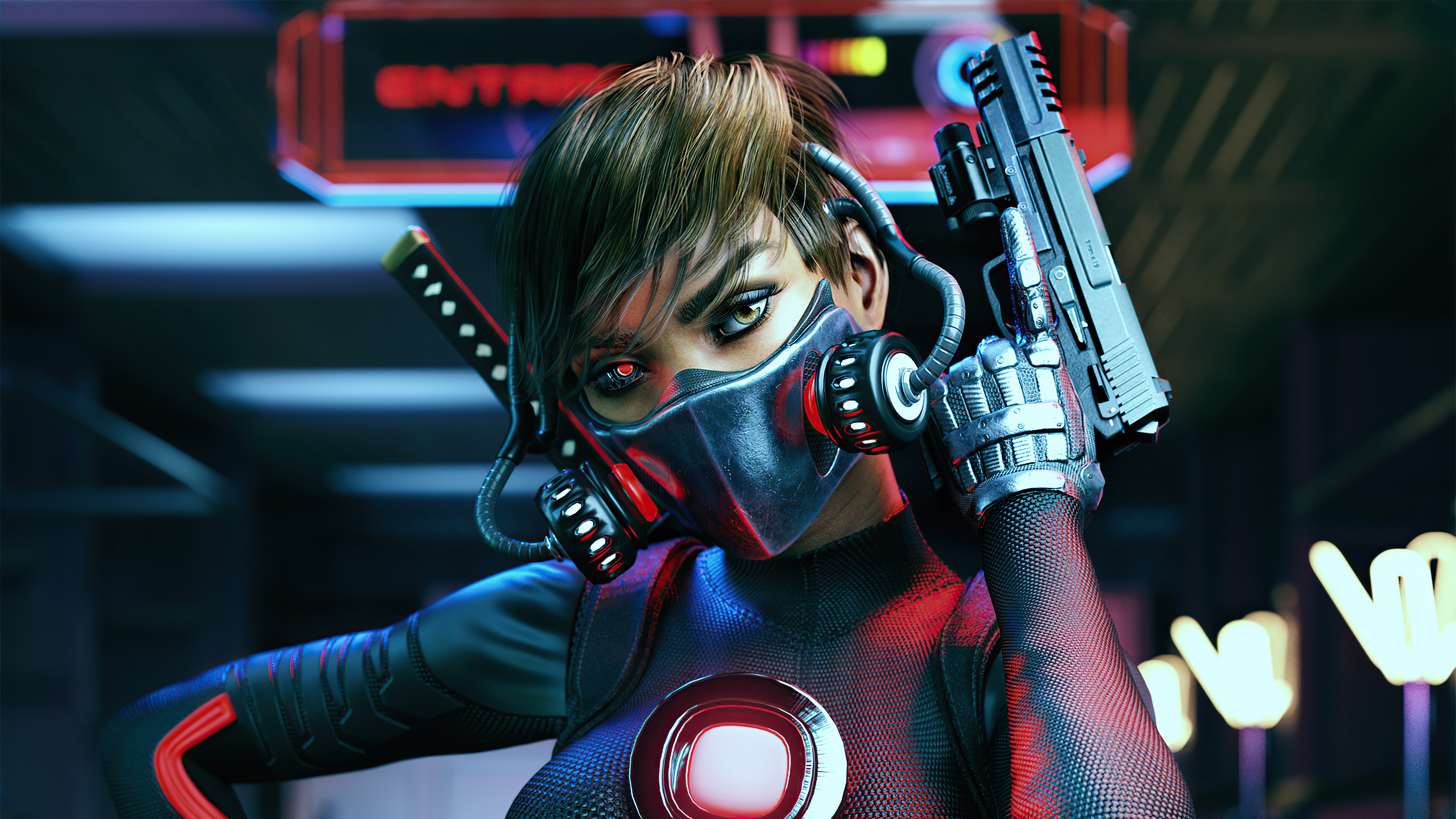 Cyberpunk woman with gun and katana HD Wallpaper