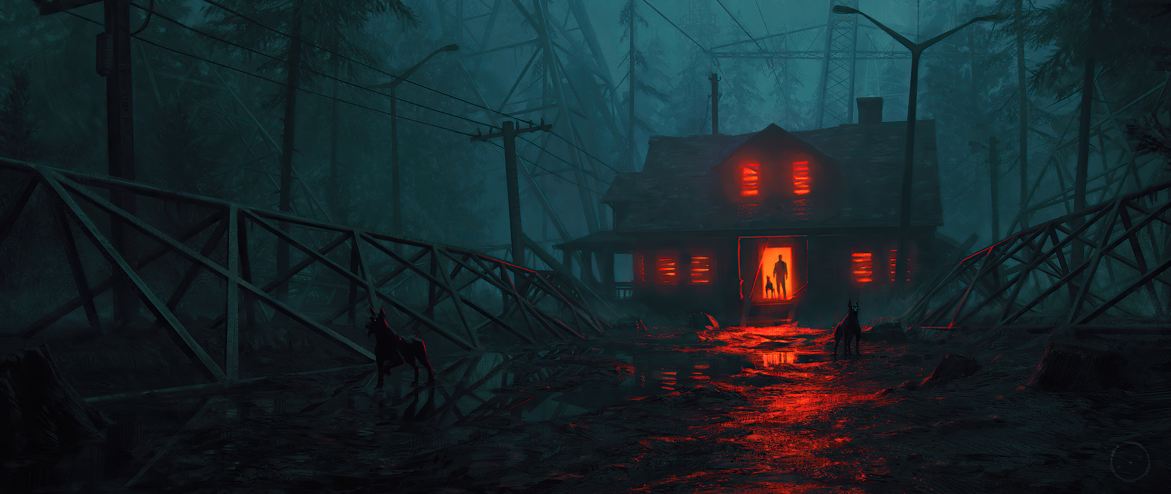 Dark house with red glowing windows and dogs HD Wallpaper