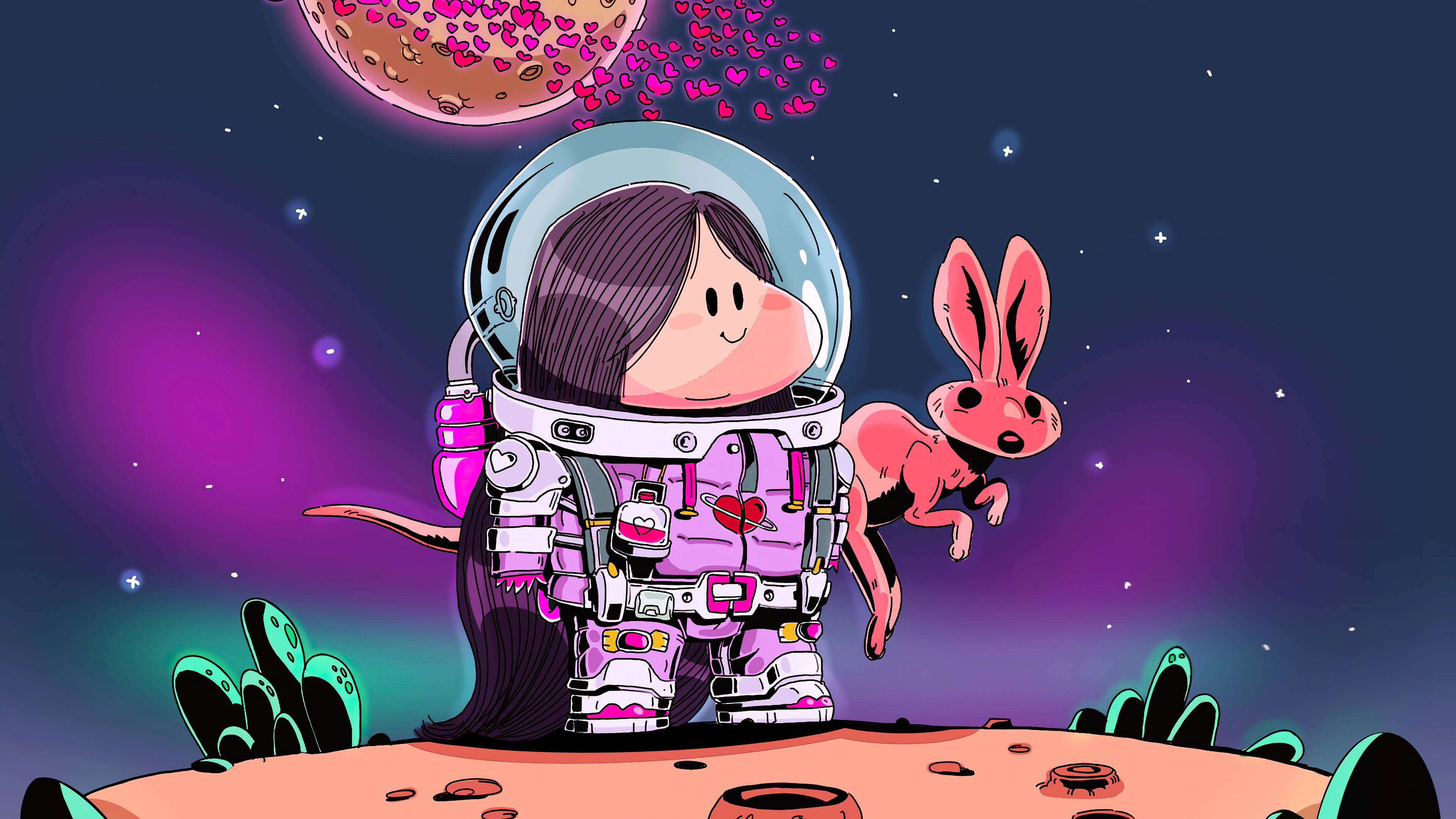 Astronaut girl and pink kangaroo in space HD Wallpaper
