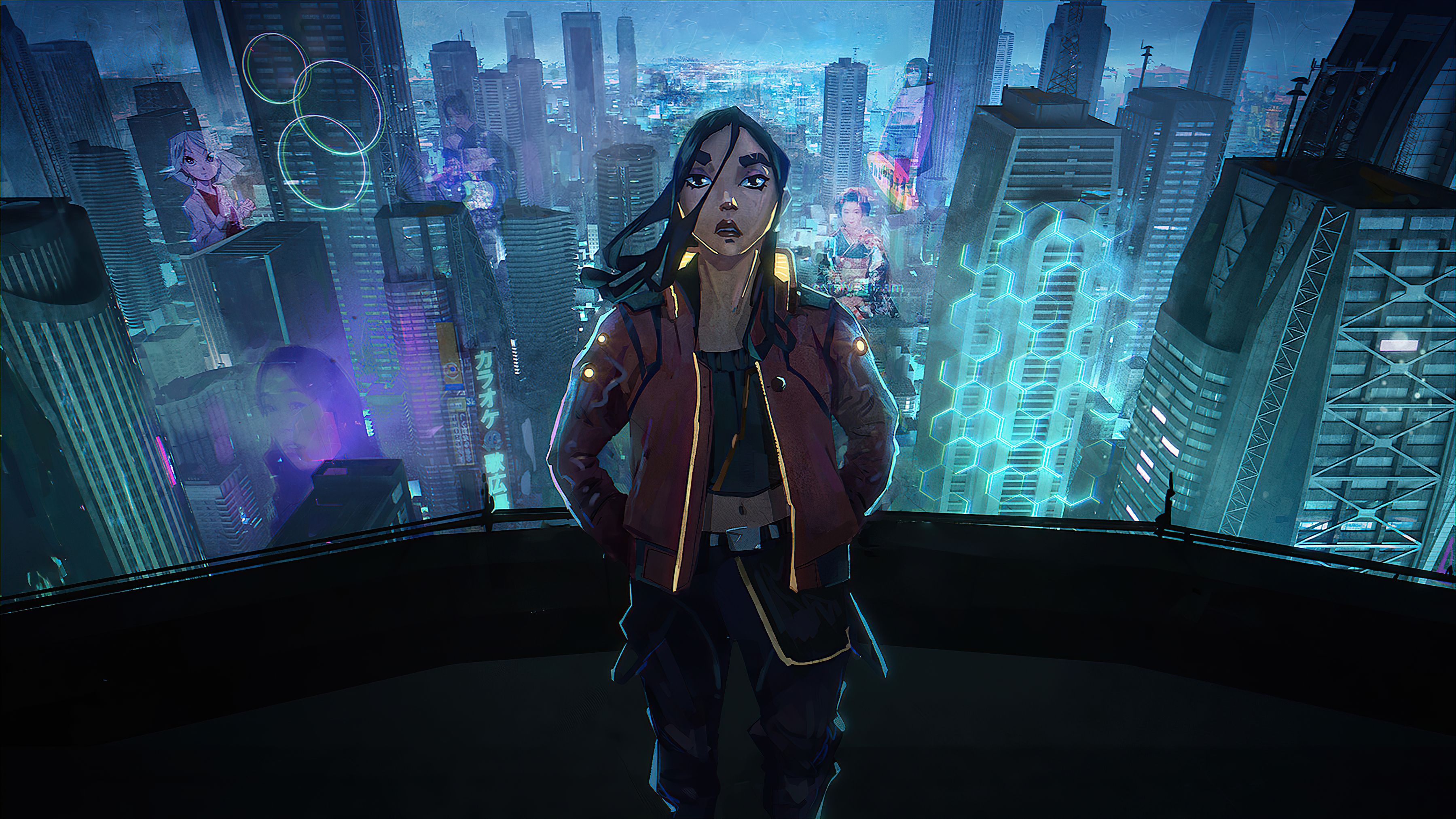 Woman in futuristic city with holograms HD Wallpaper