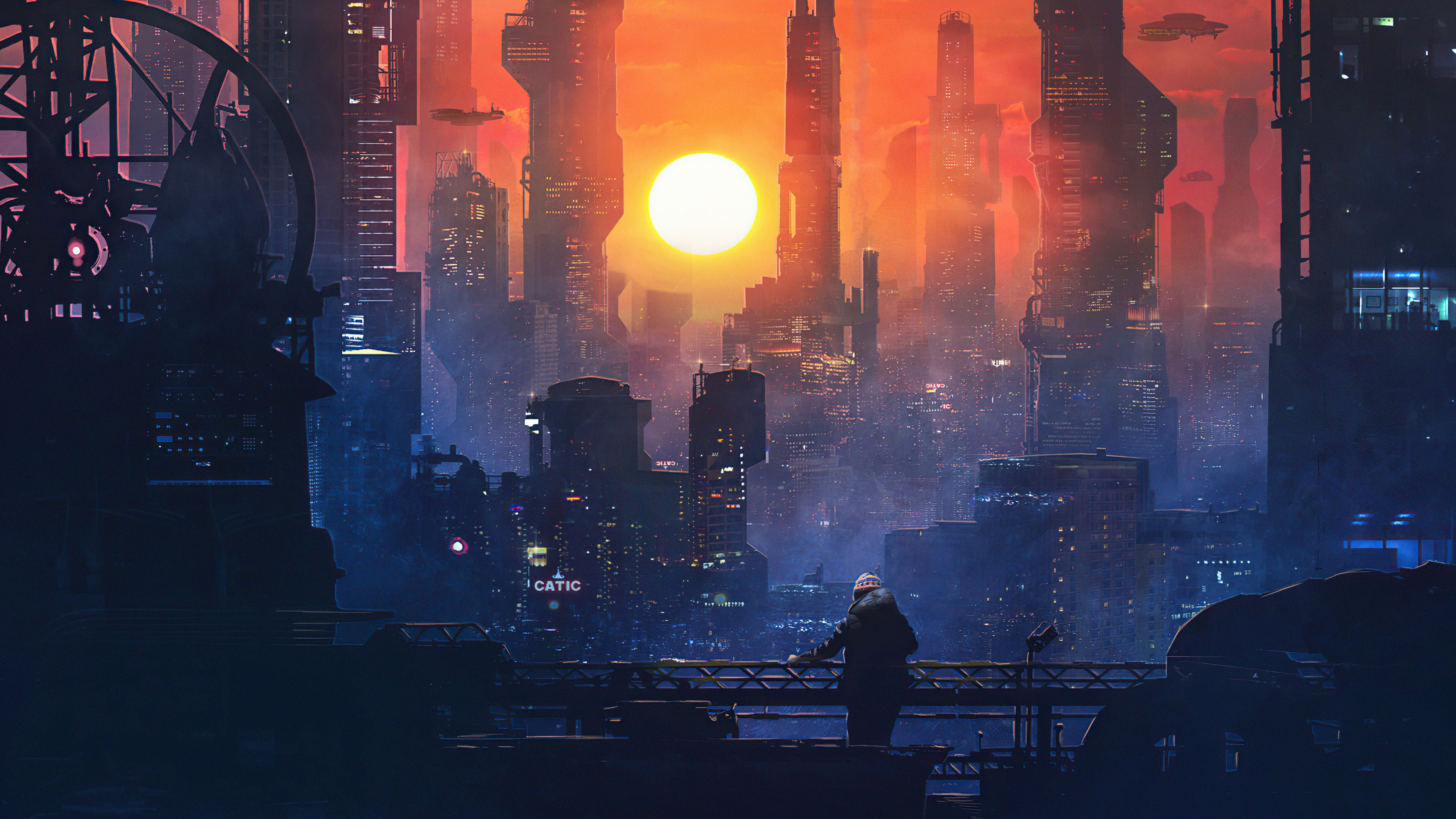 Futuristic Cityscape at Sunset with Person HD Wallpaper
