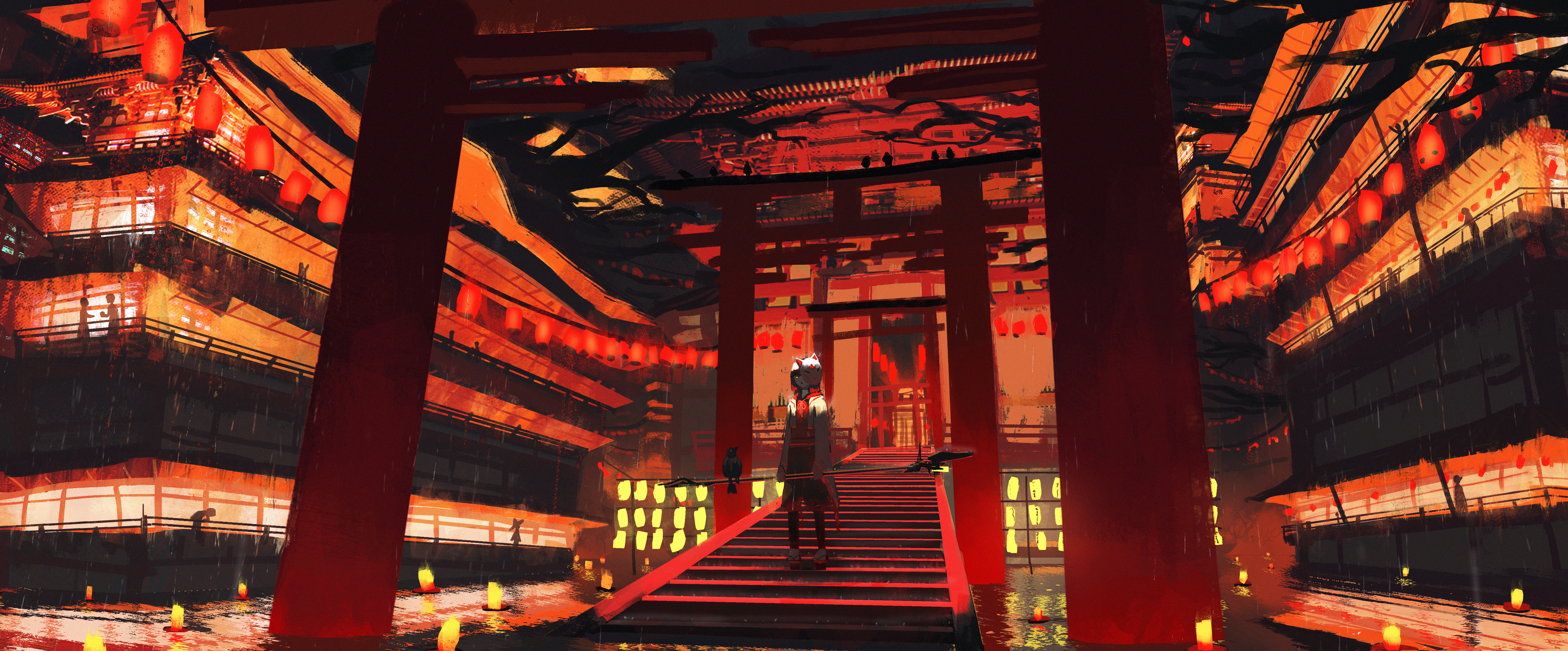 Girl in front of Torii gates with lanterns HD Wallpaper