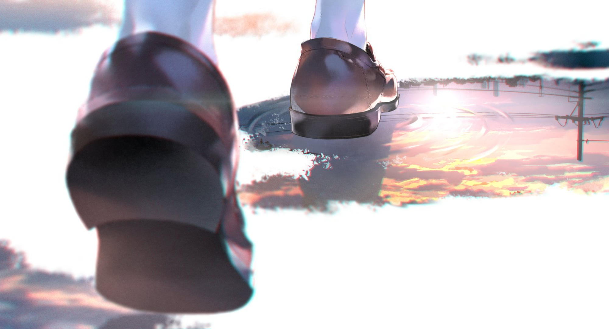 Person walking in puddles at sunset HD Wallpaper