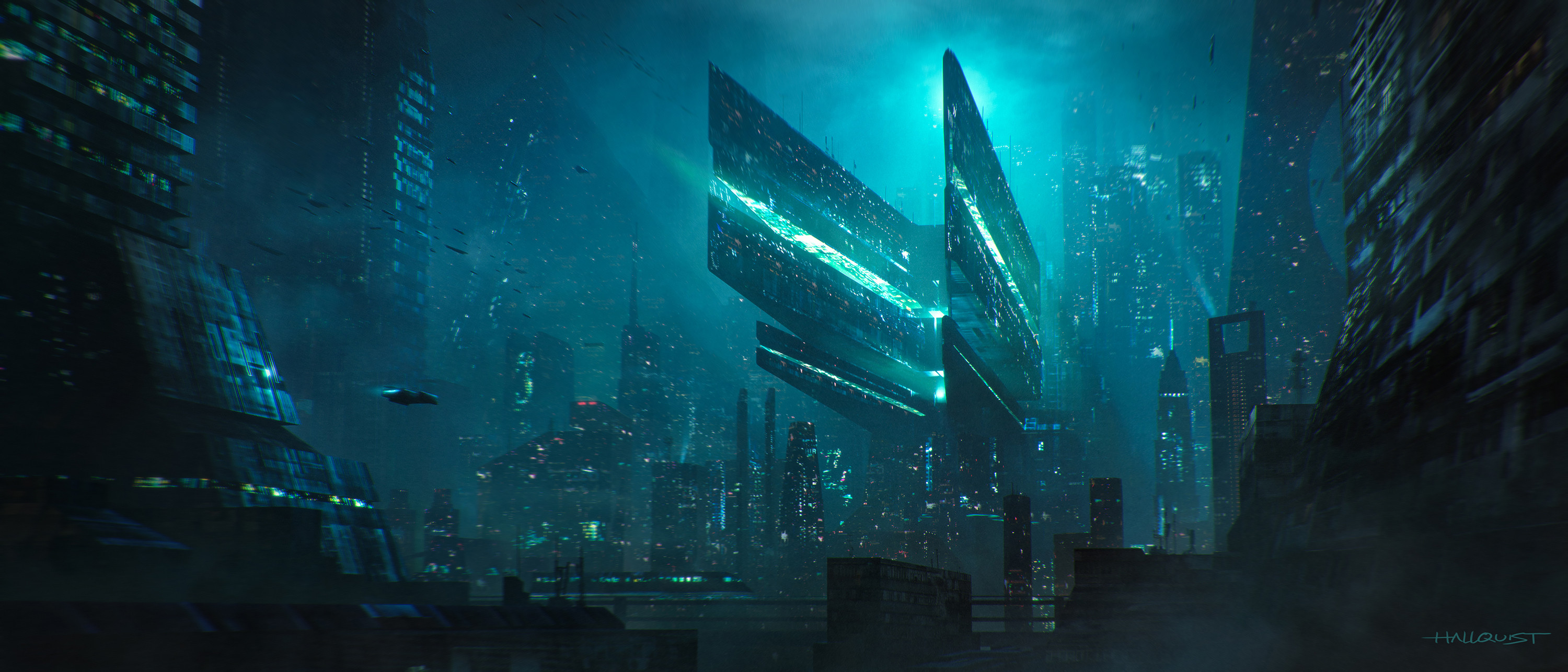 Futuristic Cityscape with Two Tall Structures HD Wallpaper