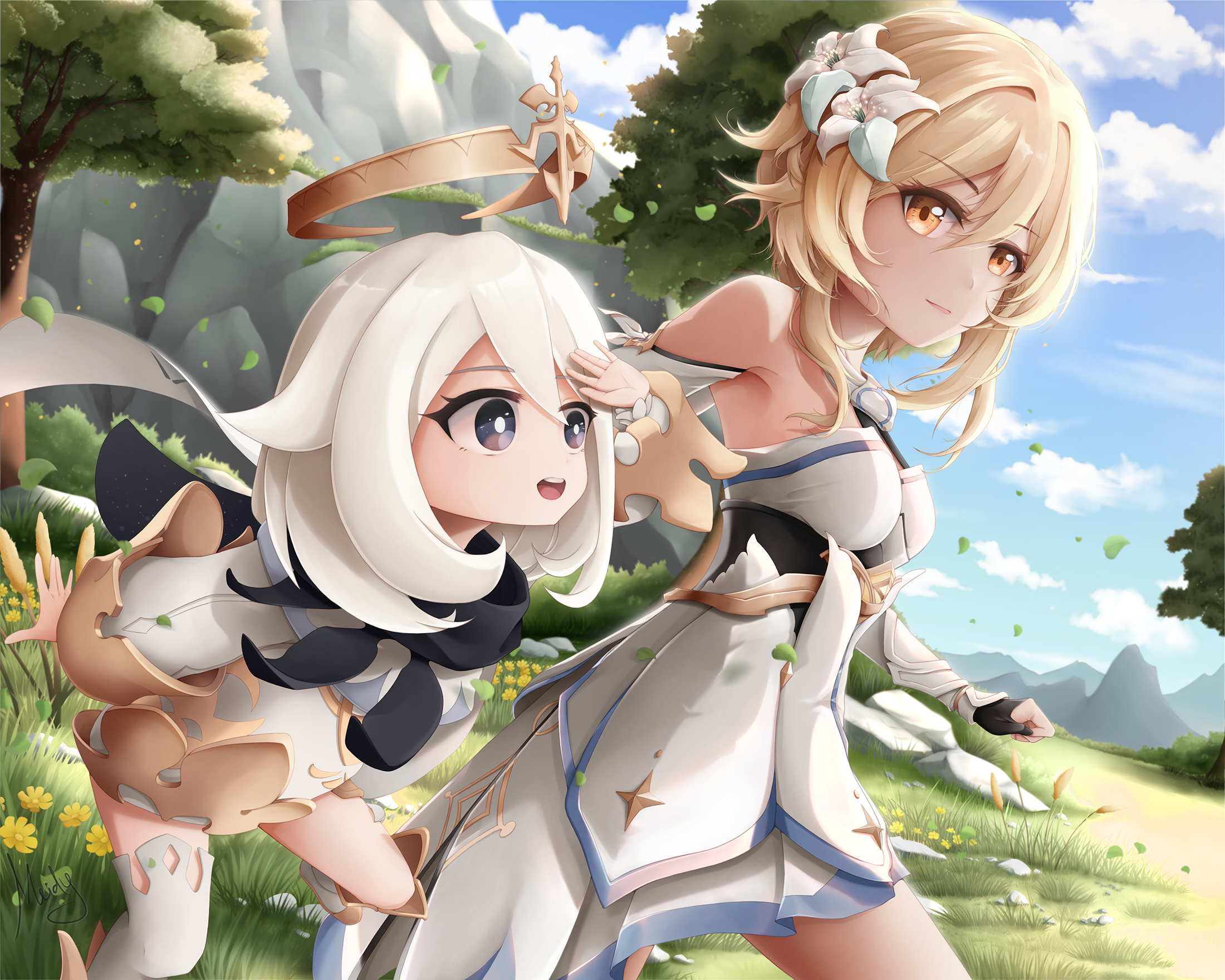 Paimon and Lumine from Genshin Impact walking HD Wallpaper