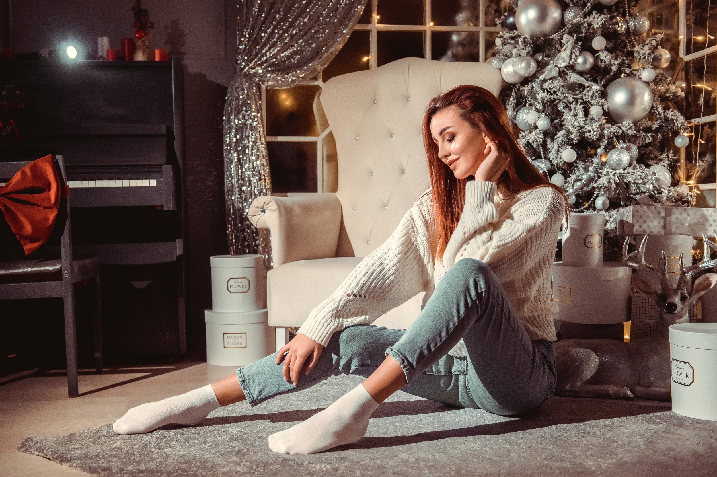 Redhead Woman Relaxing by Christmas Tree HD Wallpaper