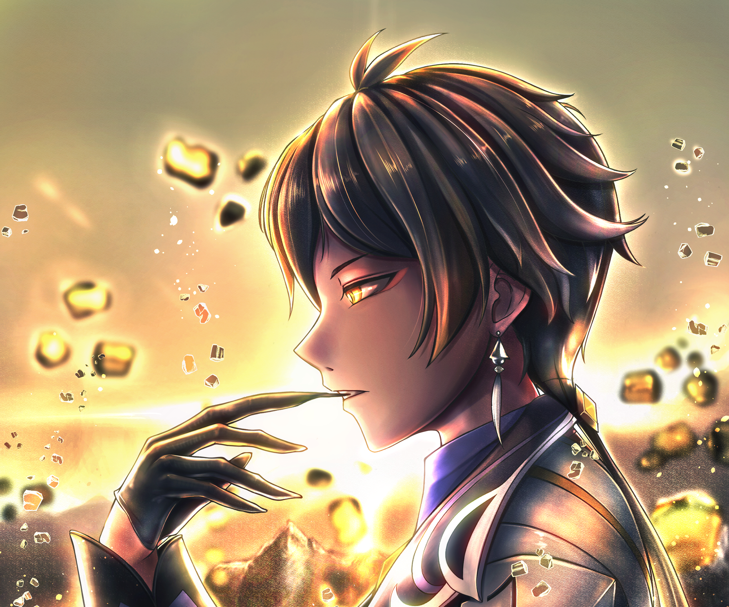 Zhongli from Genshin Impact with floating rocks HD Wallpaper