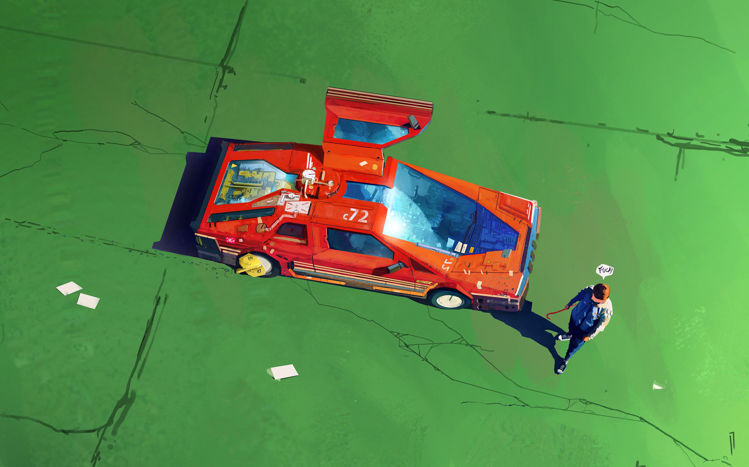 Red Sci-Fi Car with Open Door and Person HD Wallpaper