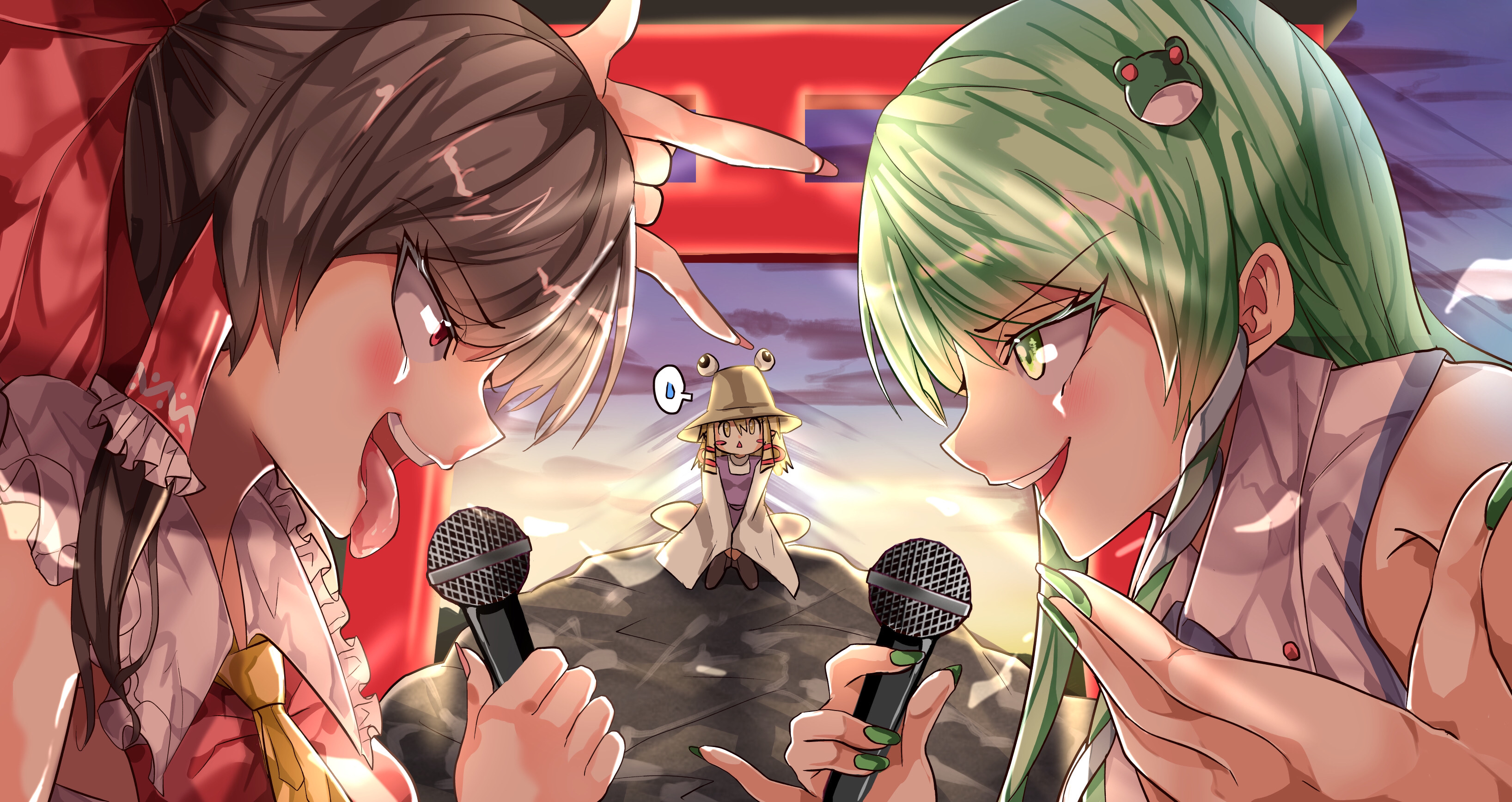 Sanae Kochiya and Reimu Hakurei singing HD Wallpaper