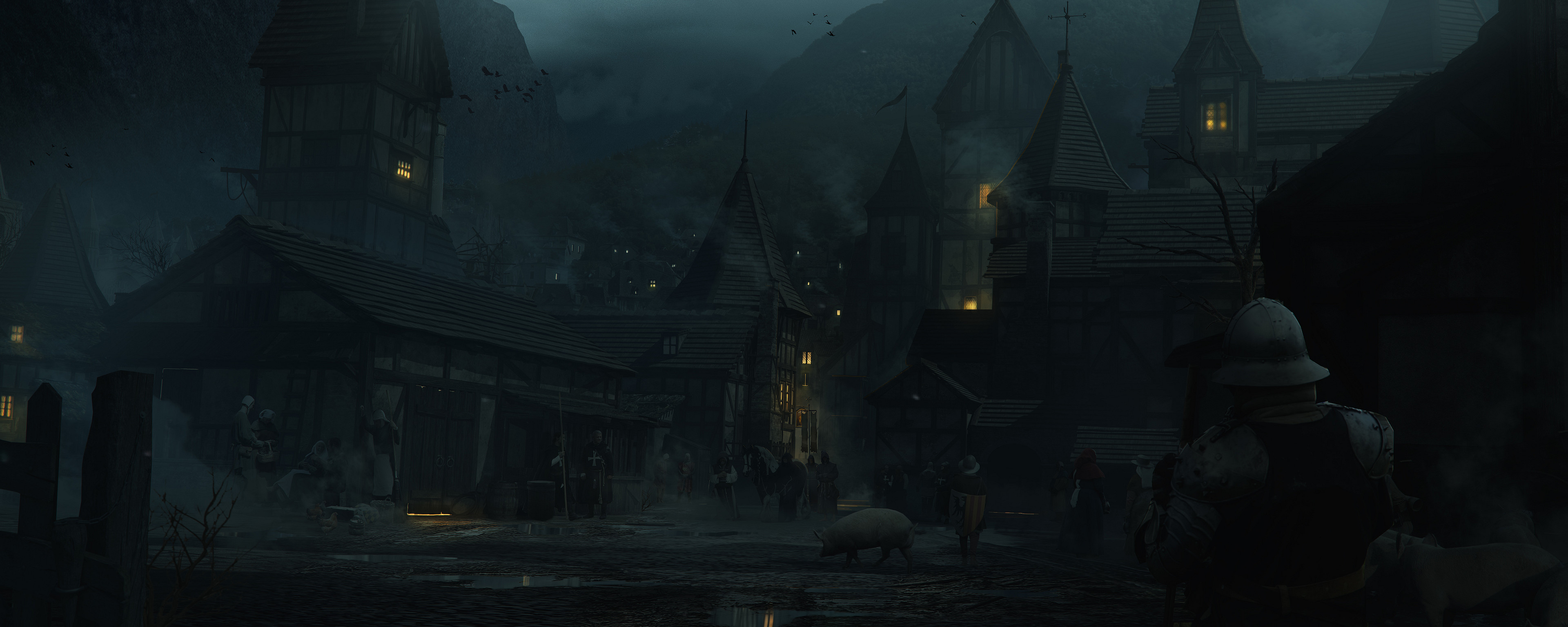 Dark Ages village at night with a soldier HD Wallpaper