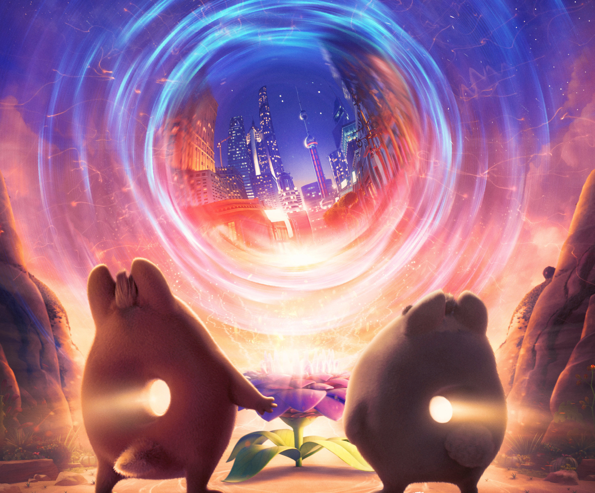 Two creatures look at a portal to a city HD Wallpaper