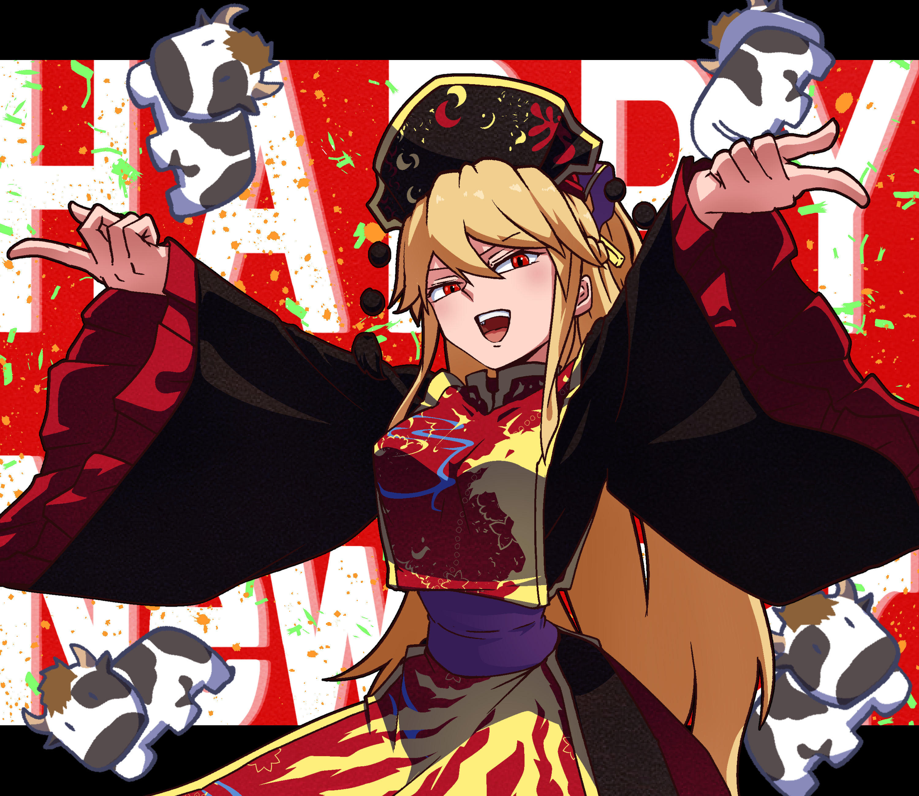 Junko from Touhou Project celebrating New Year with cows HD Wallpaper