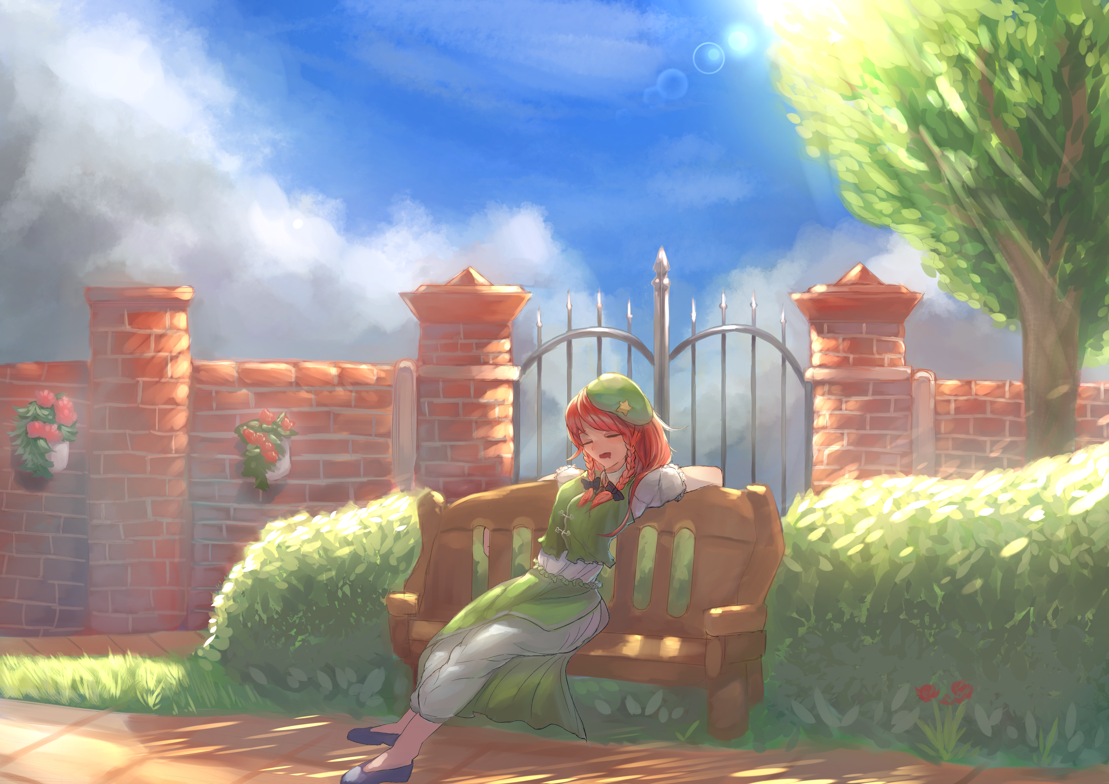 Hong Meiling from Touhou sleeping on a bench HD Wallpaper