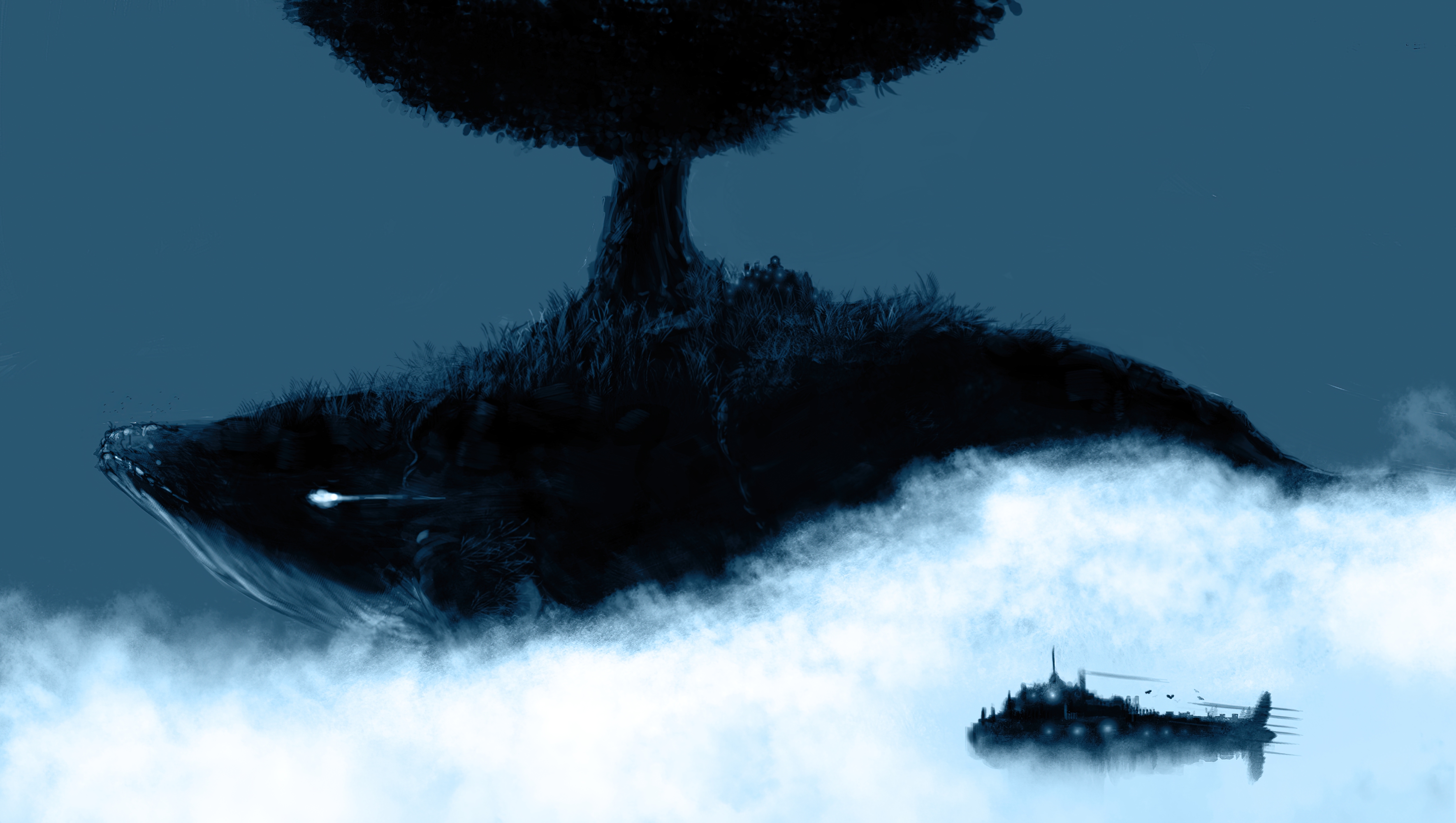 Giant whale with a tree and city flying in the clouds HD Wallpaper