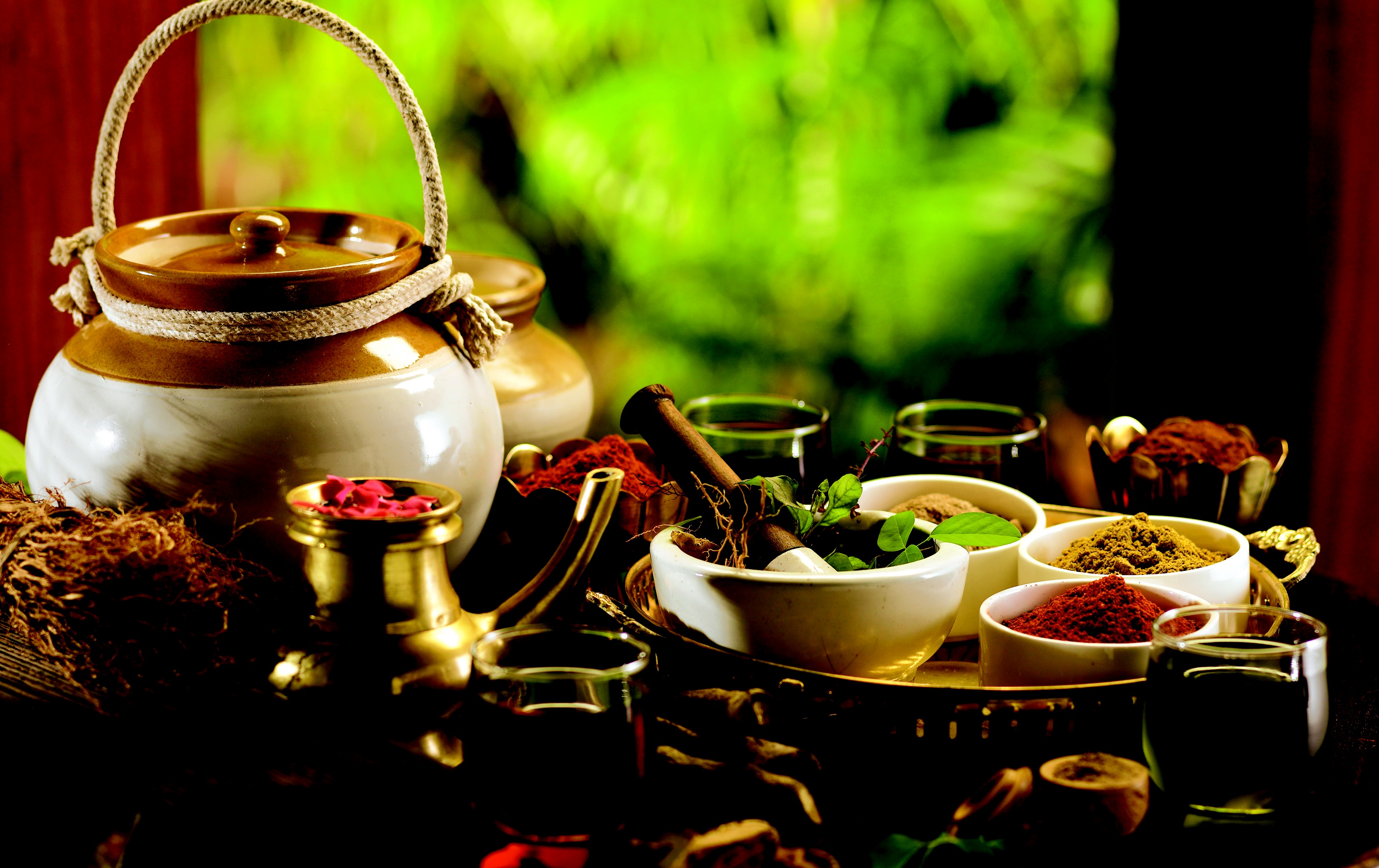 Ayurvedic herbs and spices in traditional pots HD Wallpaper