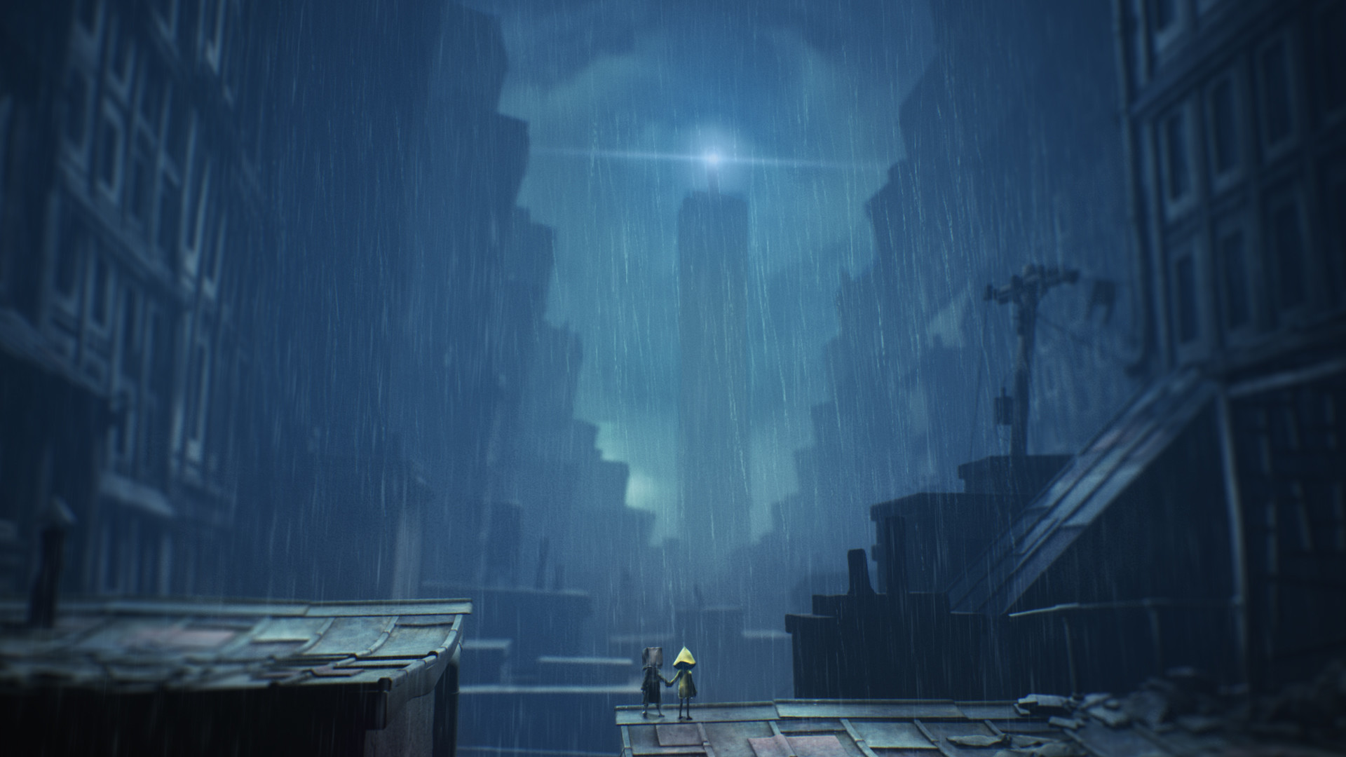 Mono and Six in Rainy Cityscape from Little Nightmares HD Wallpaper