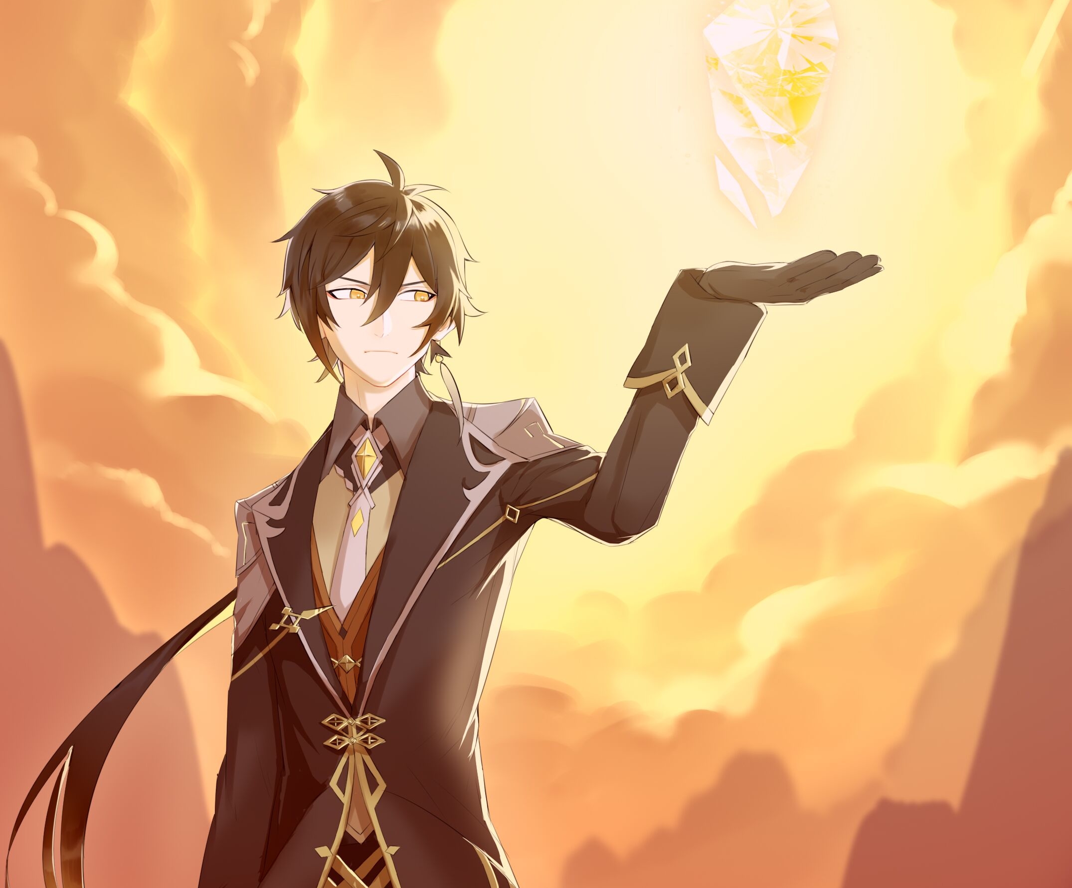 Zhongli from Genshin Impact holding a Geo crystal HD Wallpaper