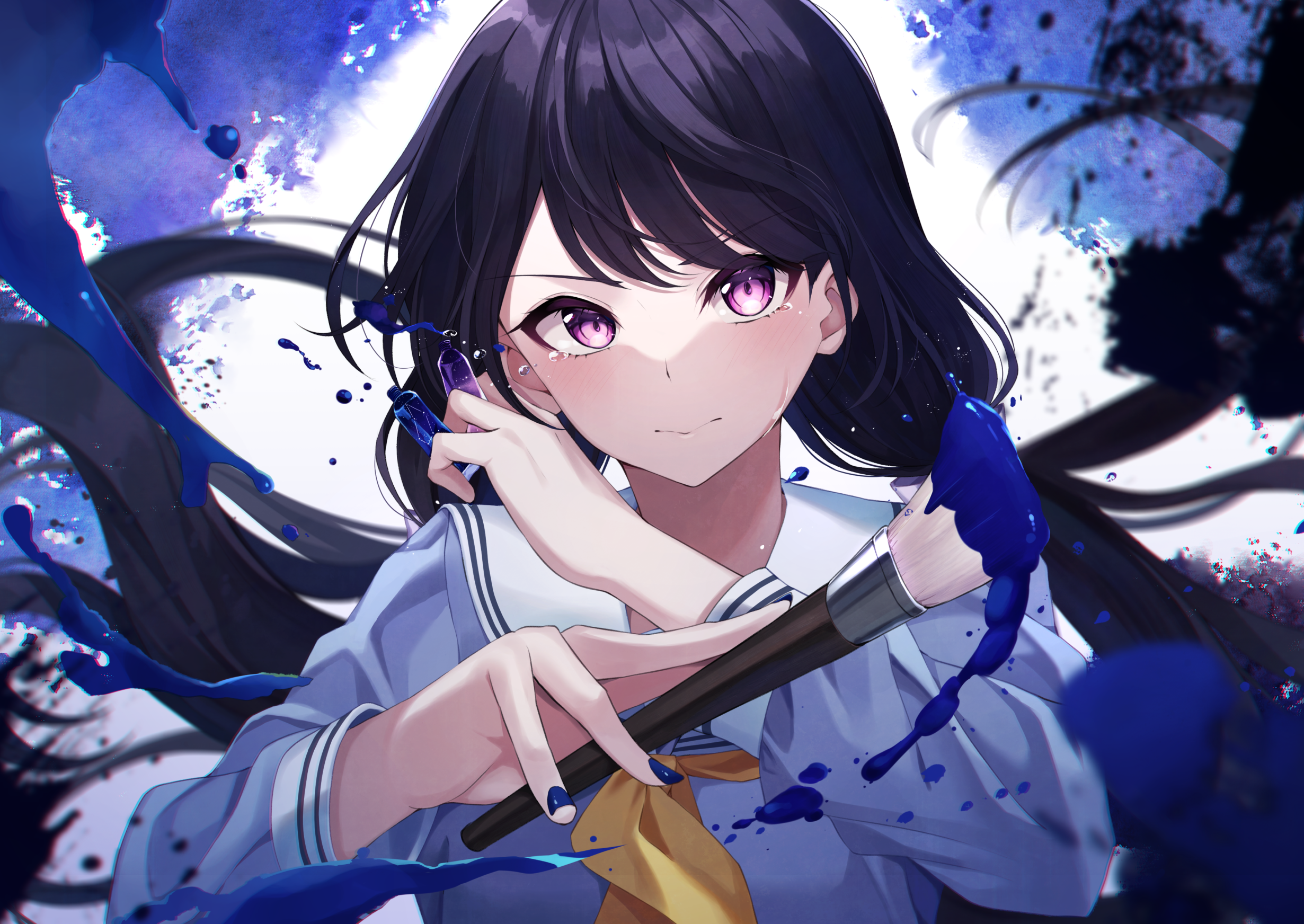 Girl with purple eyes and black hair holding paintbrushes HD Wallpaper