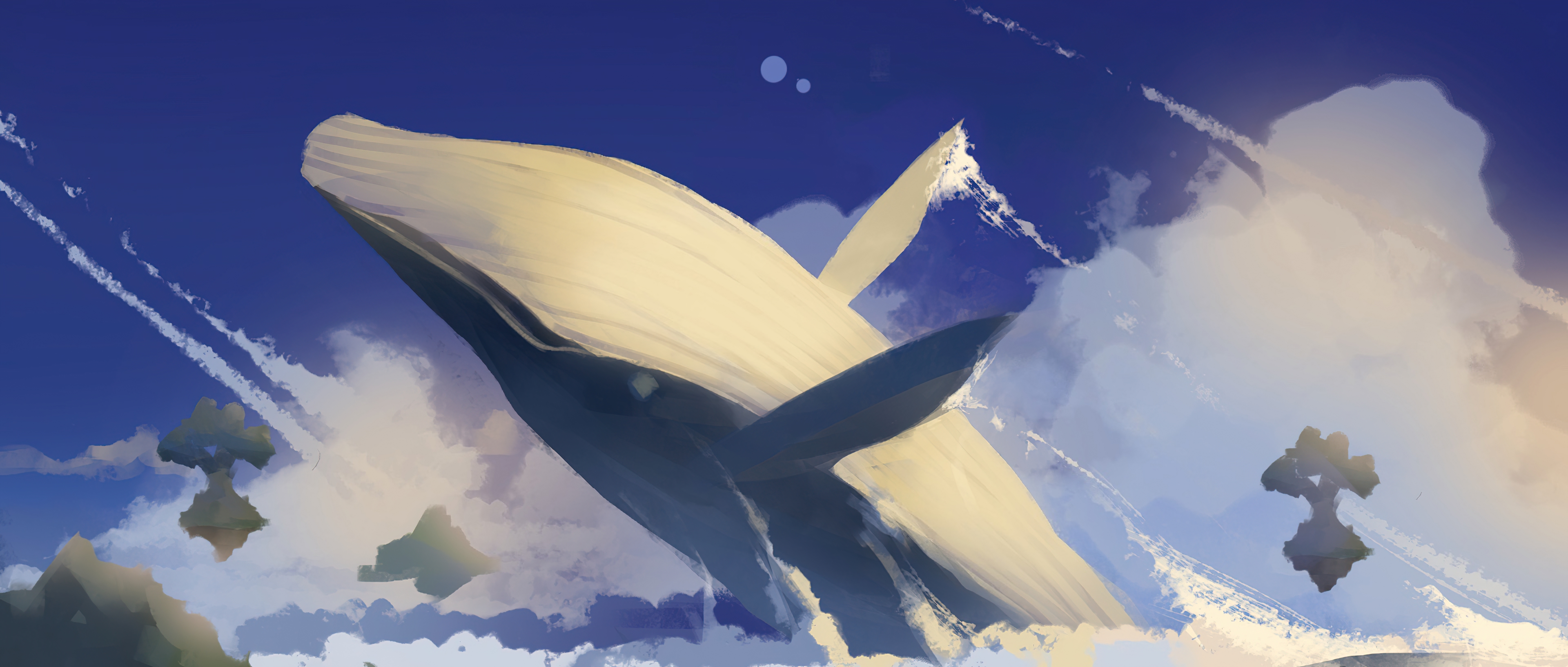 Whale flying through clouds and sky HD Wallpaper
