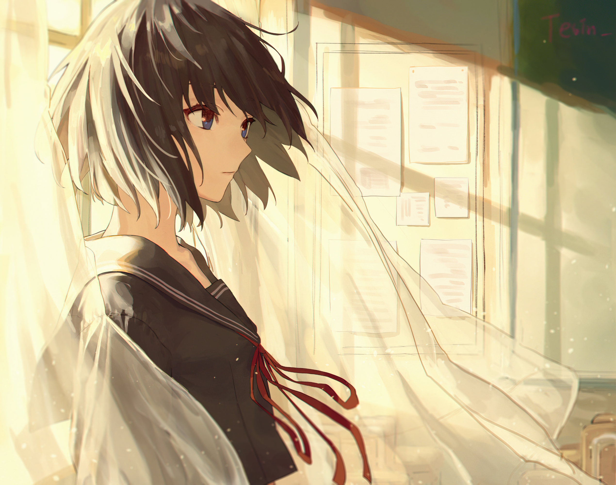 Anime girl in school uniform by the window HD Wallpaper