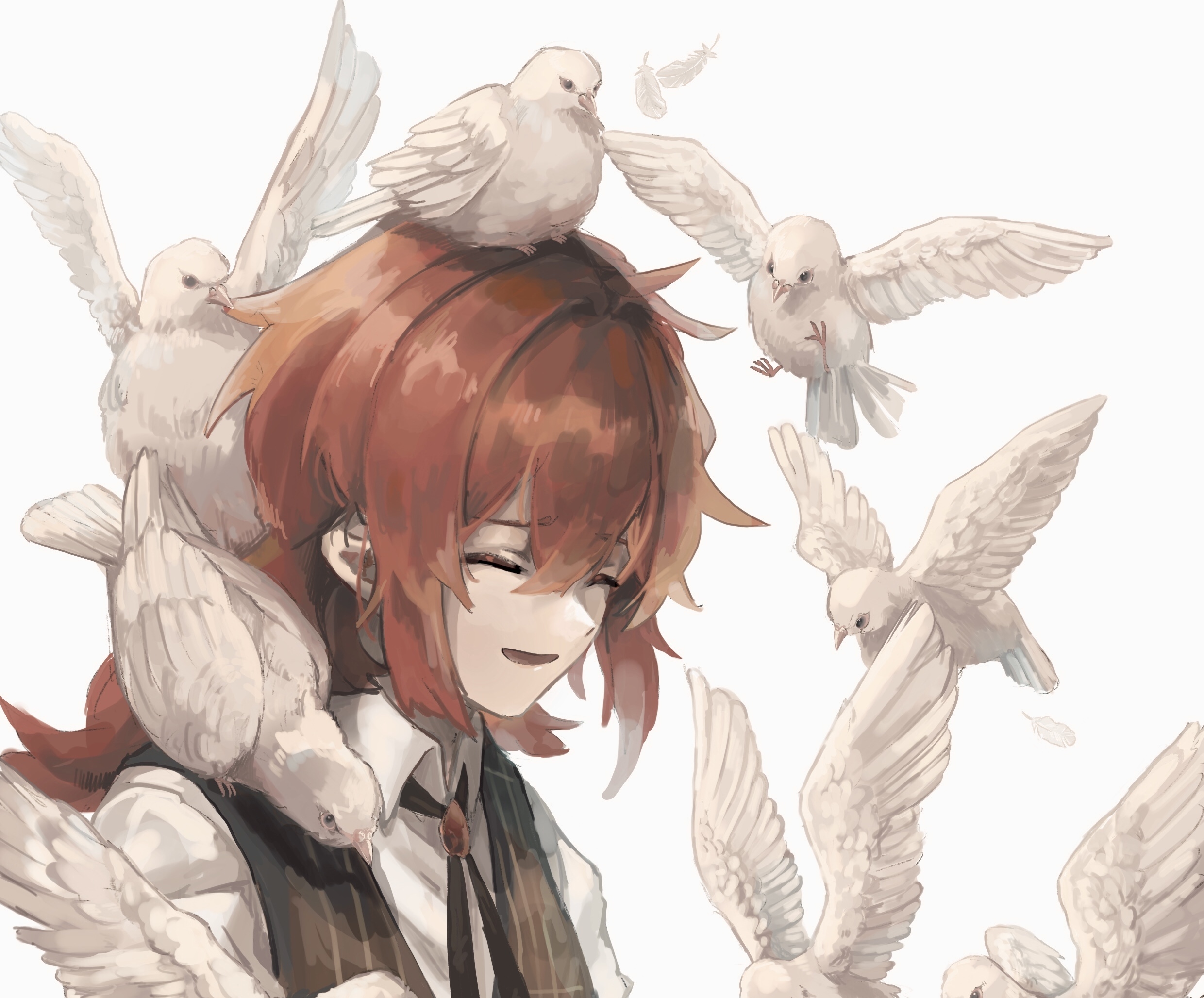 Diluc from Genshin Impact with white birds HD Wallpaper