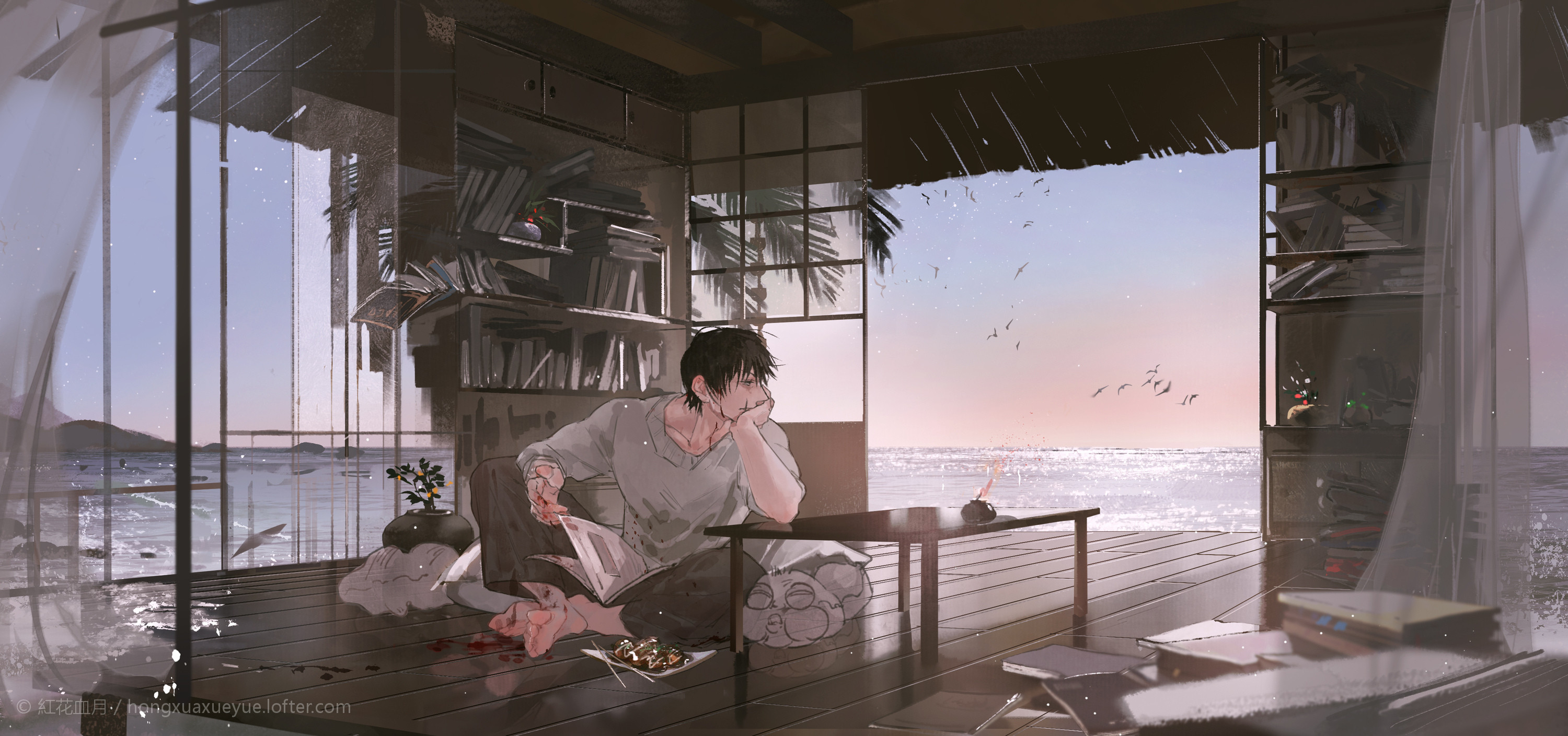 Toji Fushiguro reading by the sea HD Wallpaper