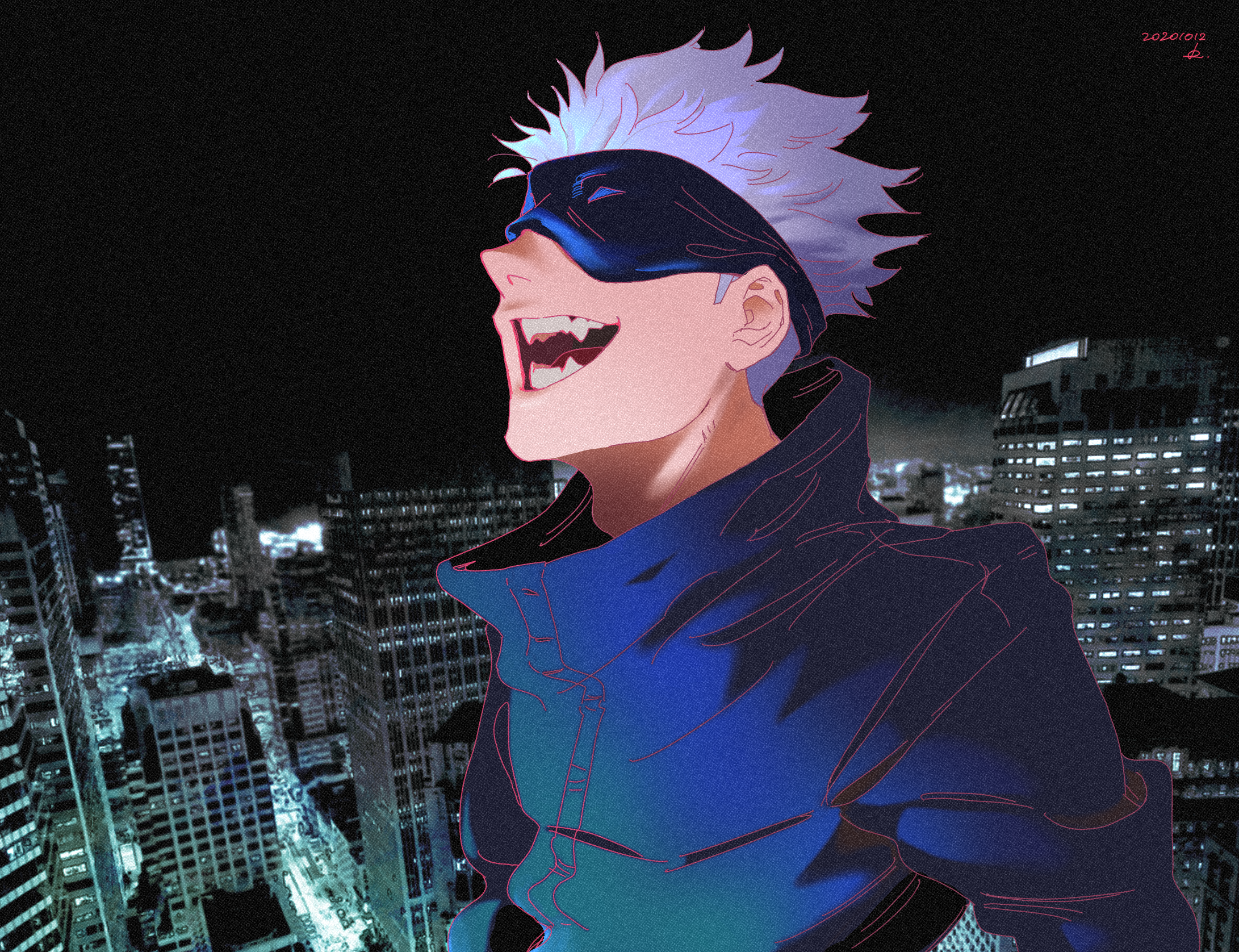 Satoru Gojo from Jujutsu Kaisen overlooking a city at night HD Wallpaper