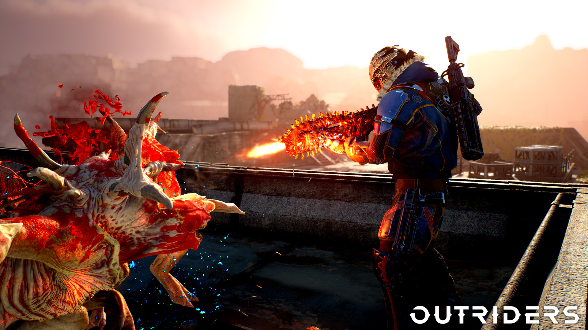 Outriders: Soldier fights a bloody monster HD Wallpaper