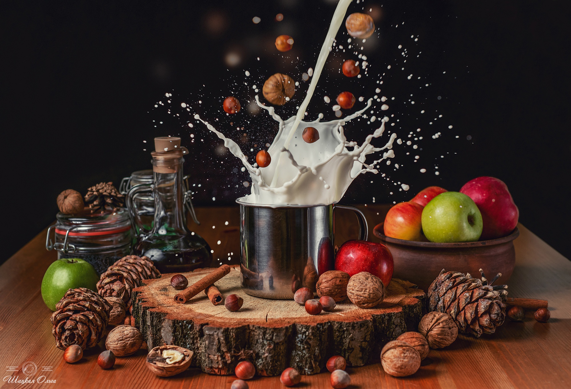 Milk Splash with Nuts and Apples Still Life HD Wallpaper