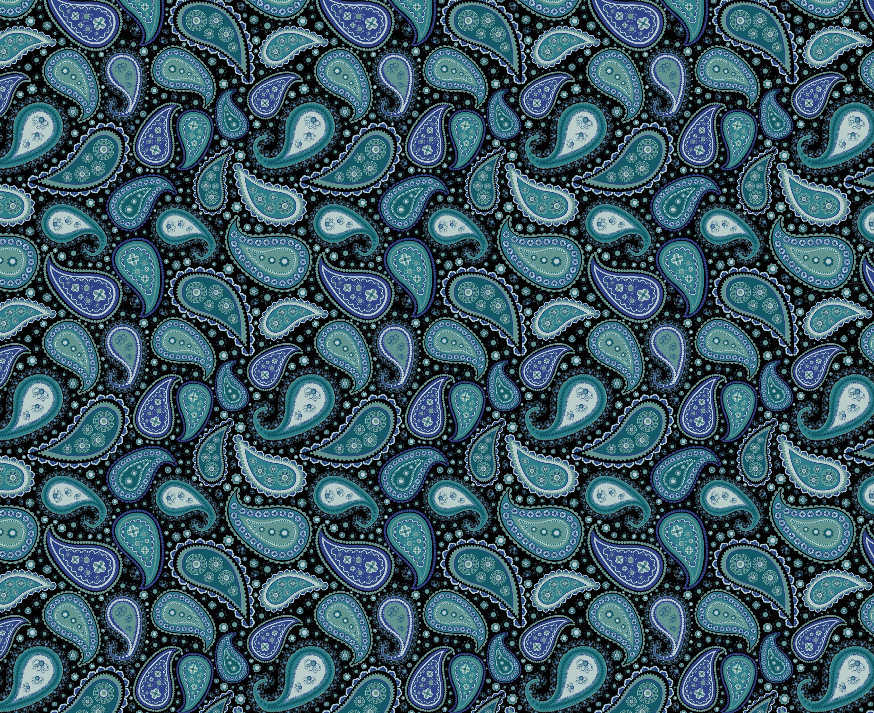 Teal and blue paisley pattern on black background HD Wallpaper