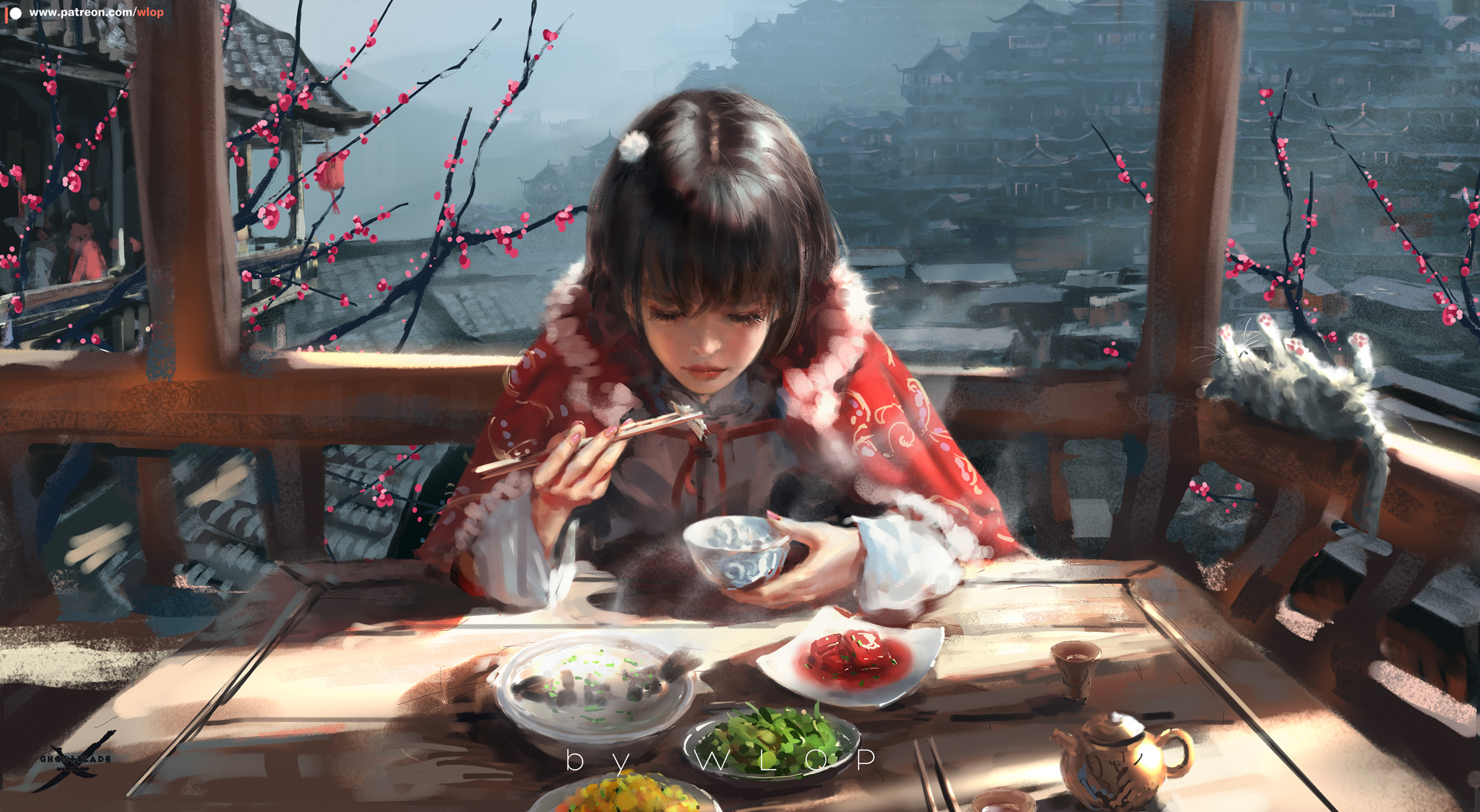 Girl eating in a village with cherry blossoms and a cat HD Wallpaper