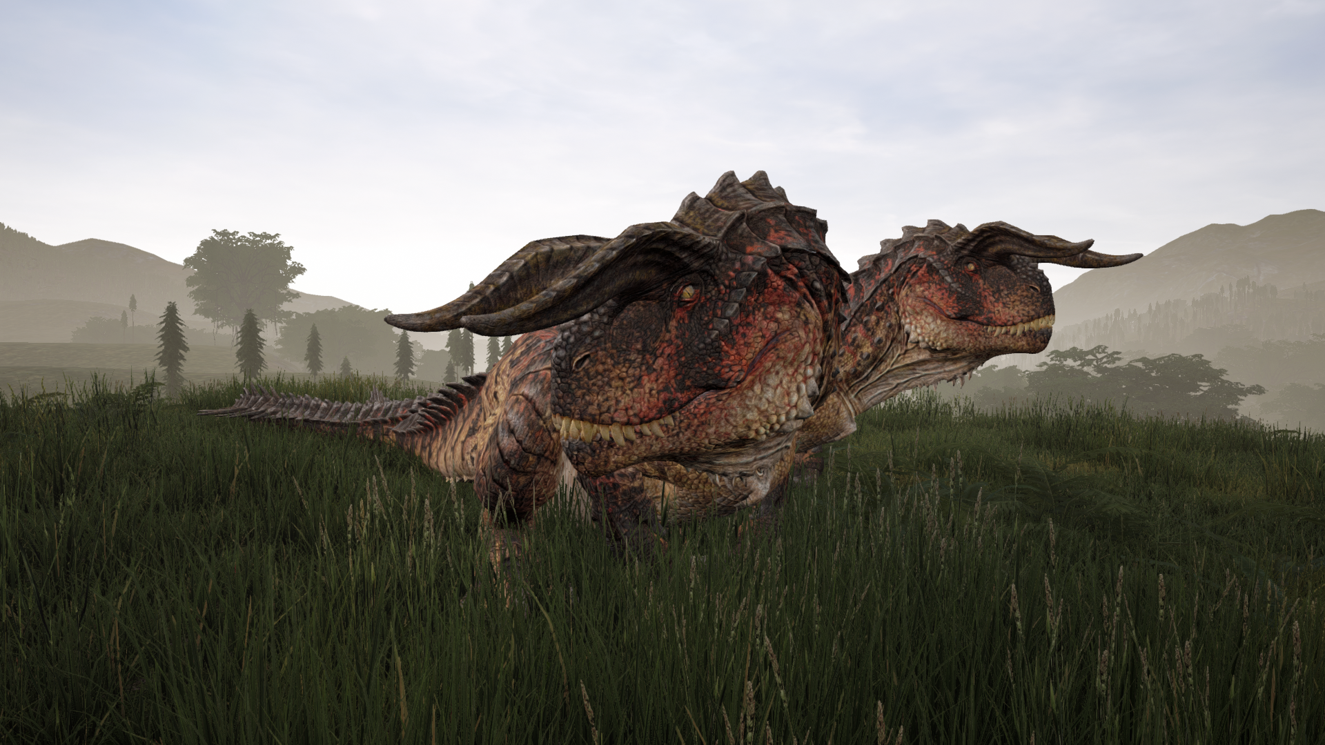 The Isle dinosaur in a grassy field HD Wallpaper