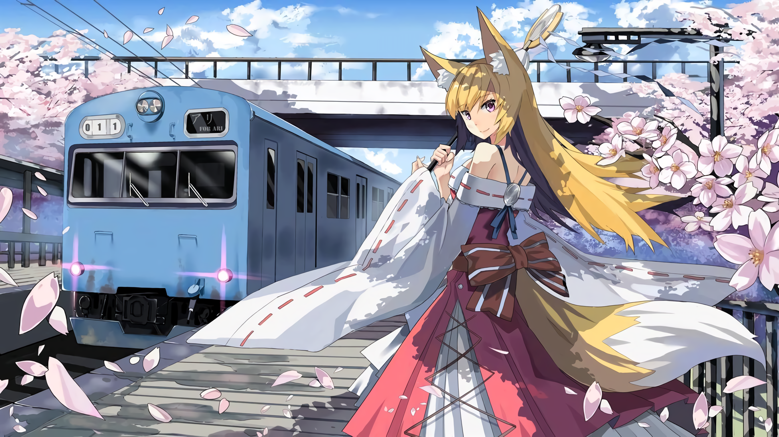 Kitsune girl at a train station with cherry blossoms HD Wallpaper