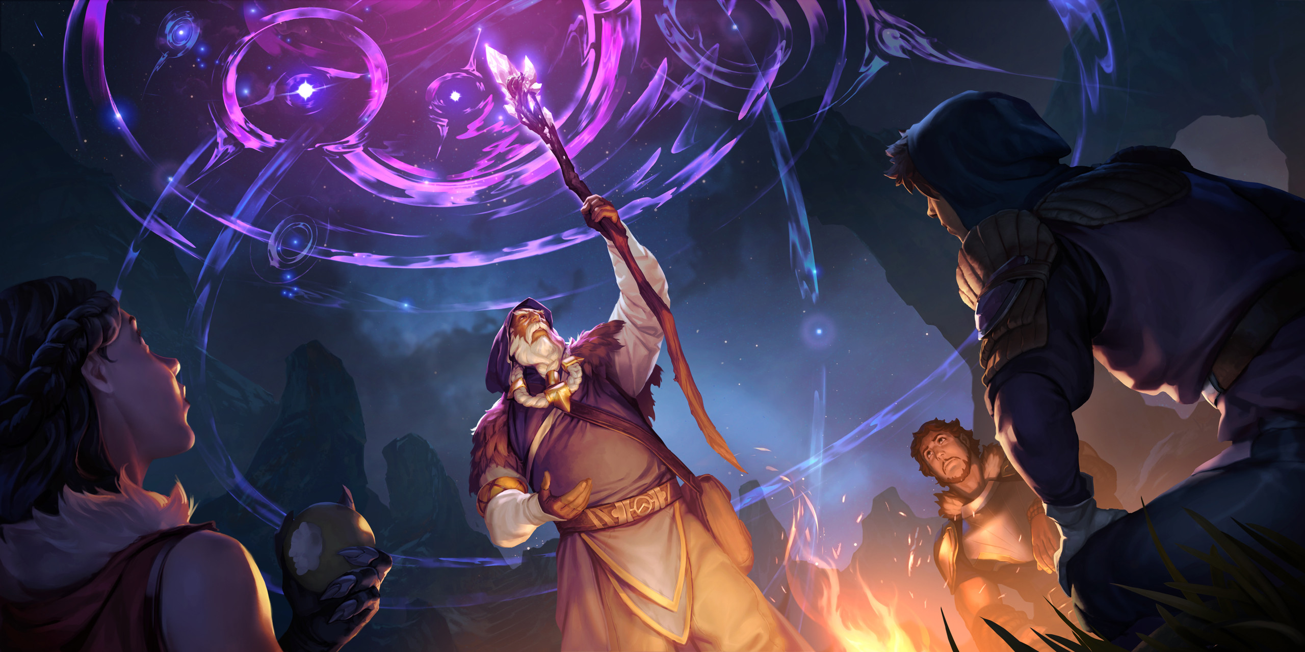 Elderly mage casting spell with staff, surrounded by companions HD Wallpaper