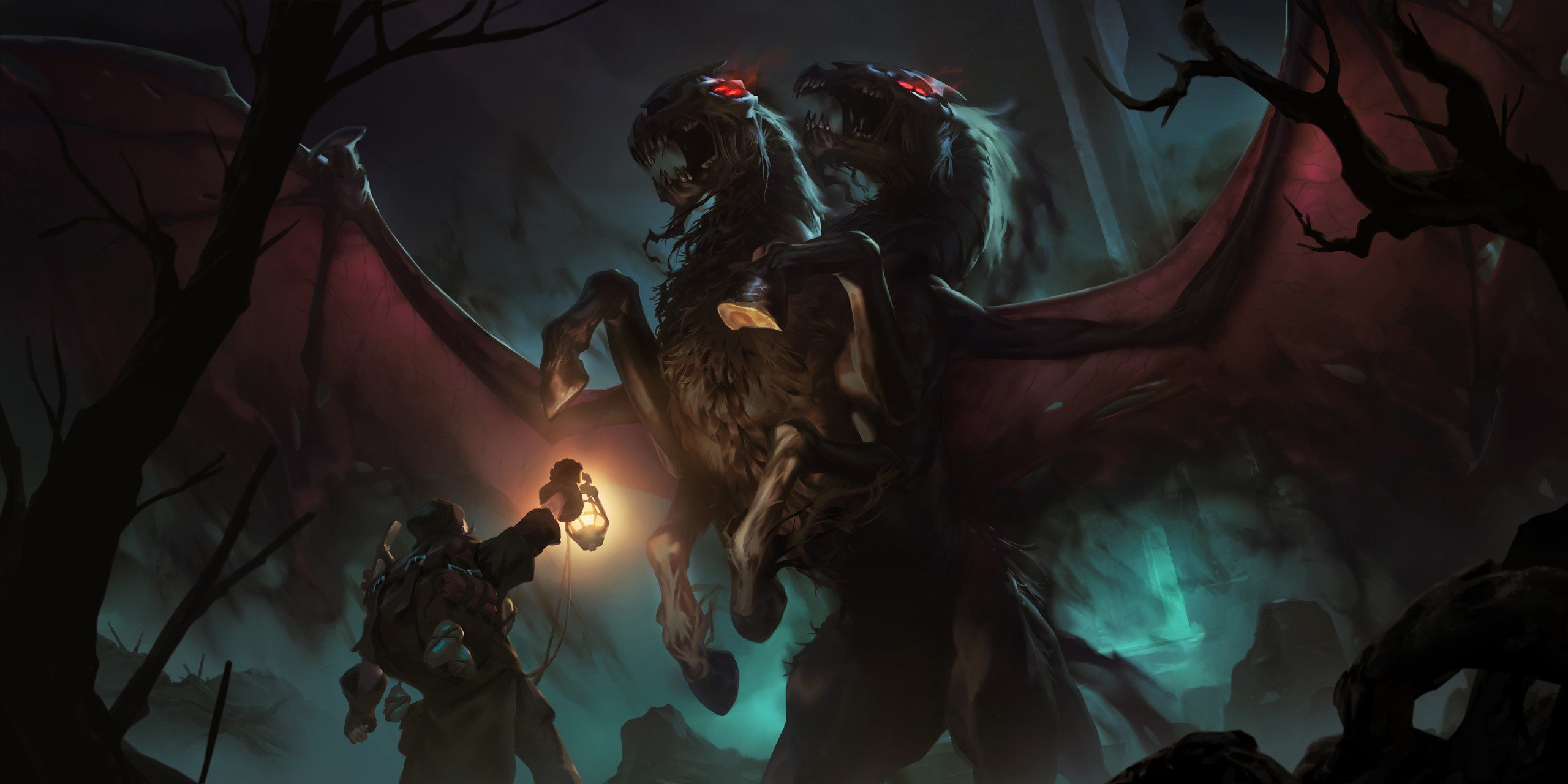 Two-headed demonic horse with wings and a man with a lantern HD Wallpaper