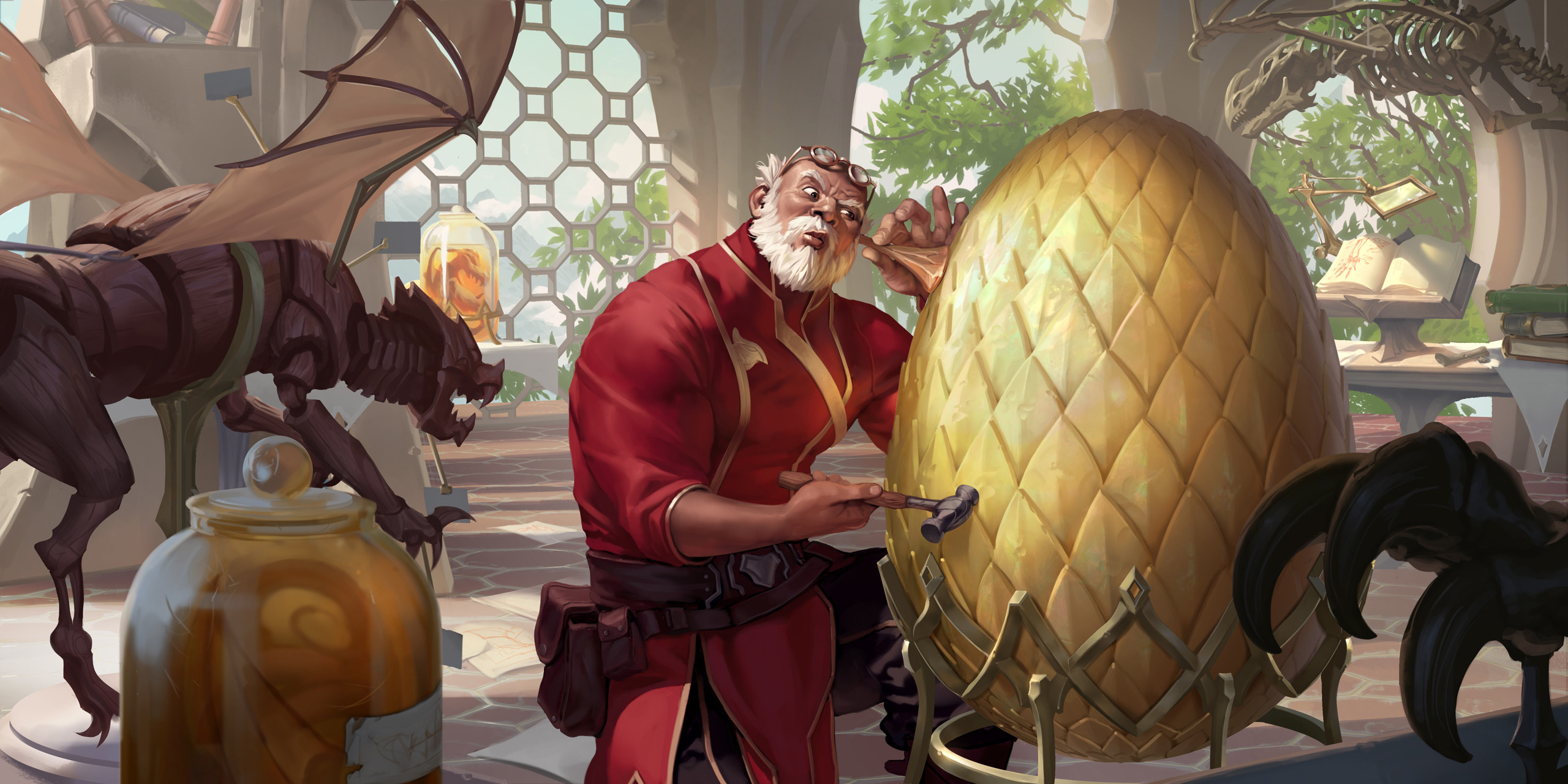 Professor Heimerdinger with a golden egg in his laboratory HD Wallpaper