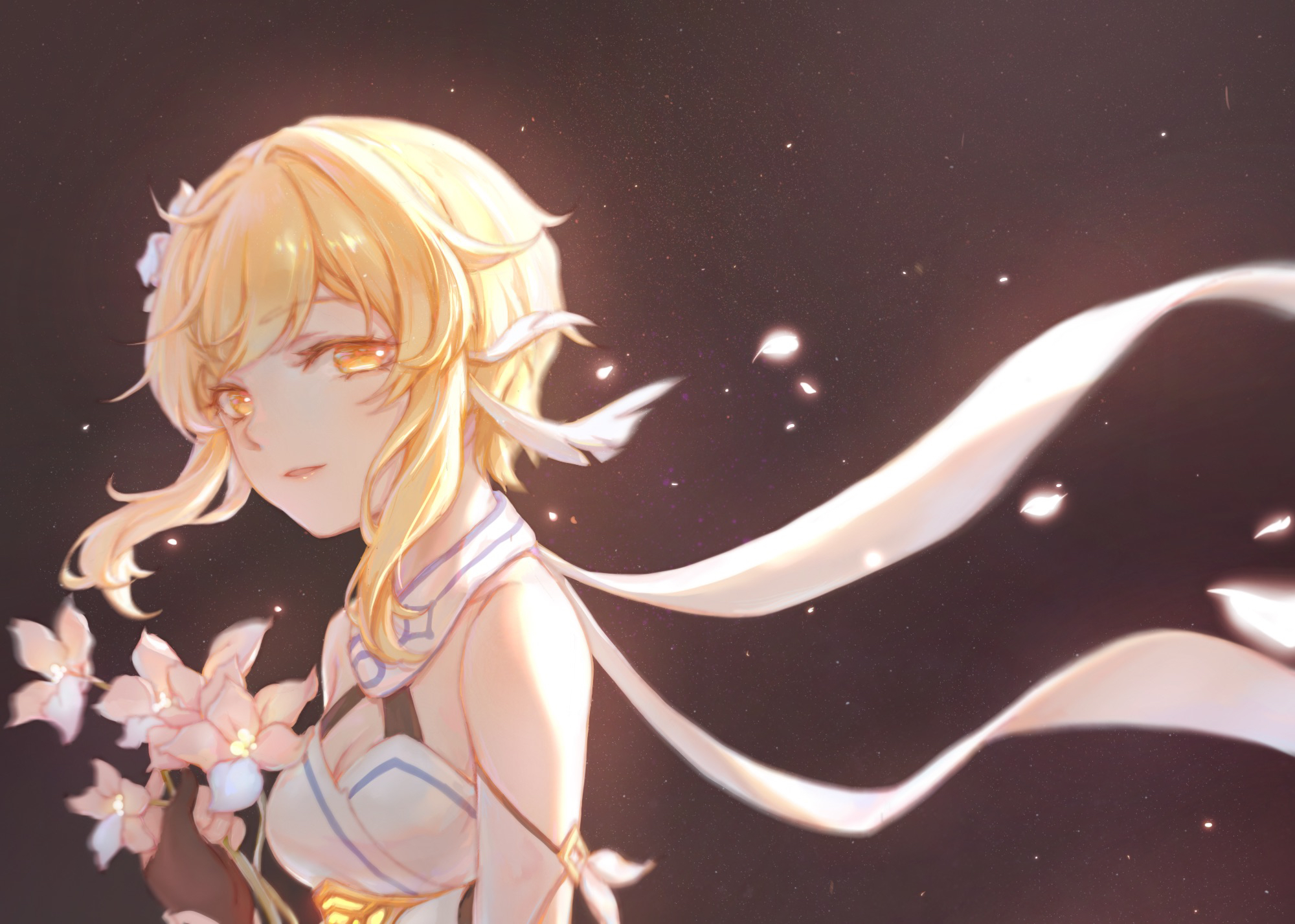 Lumine from Genshin Impact with flowers HD Wallpaper